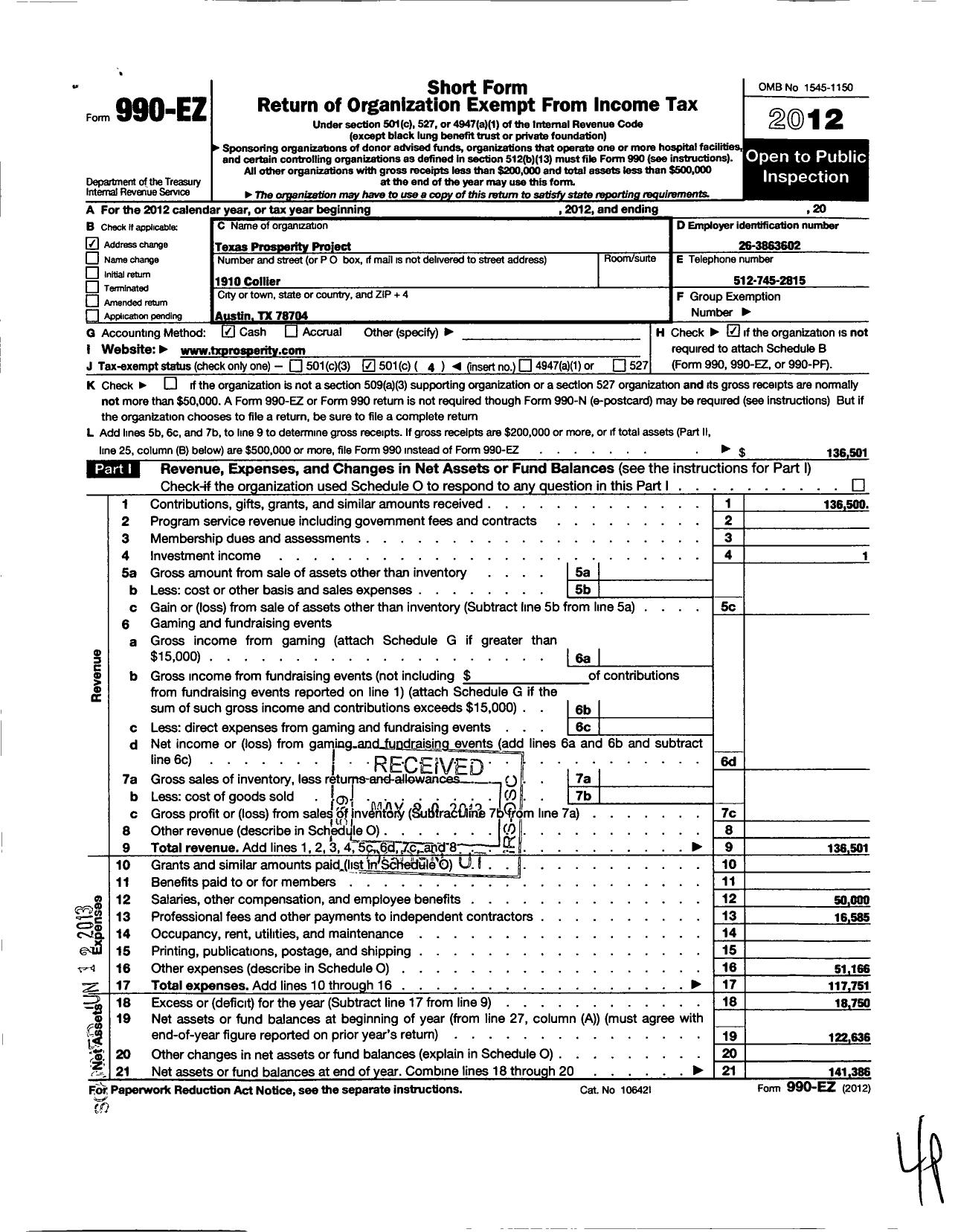 Image of first page of 2012 Form 990EO for Texas P2