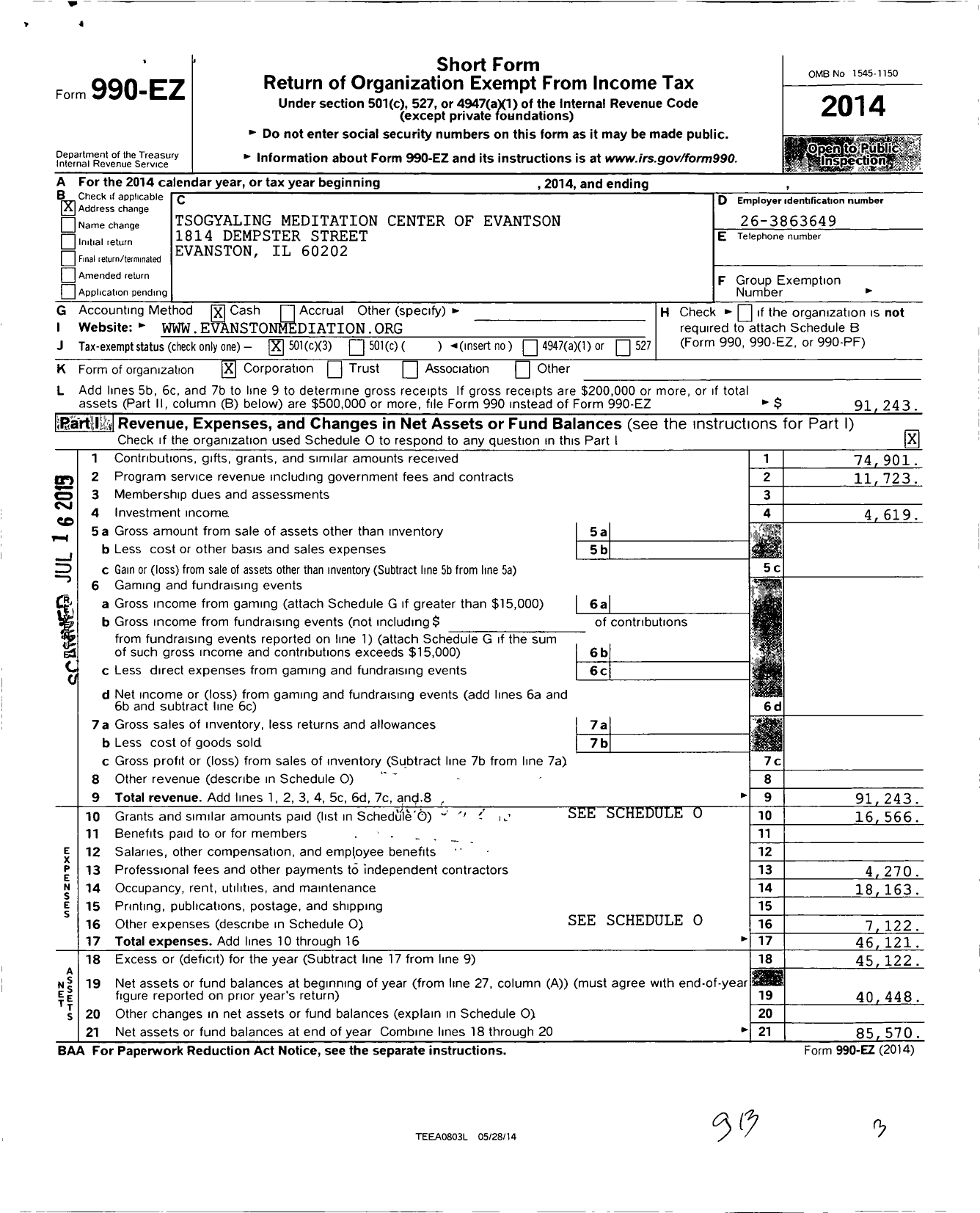 Image of first page of 2014 Form 990EZ for Tsogyaling Meditation Center of Evanston