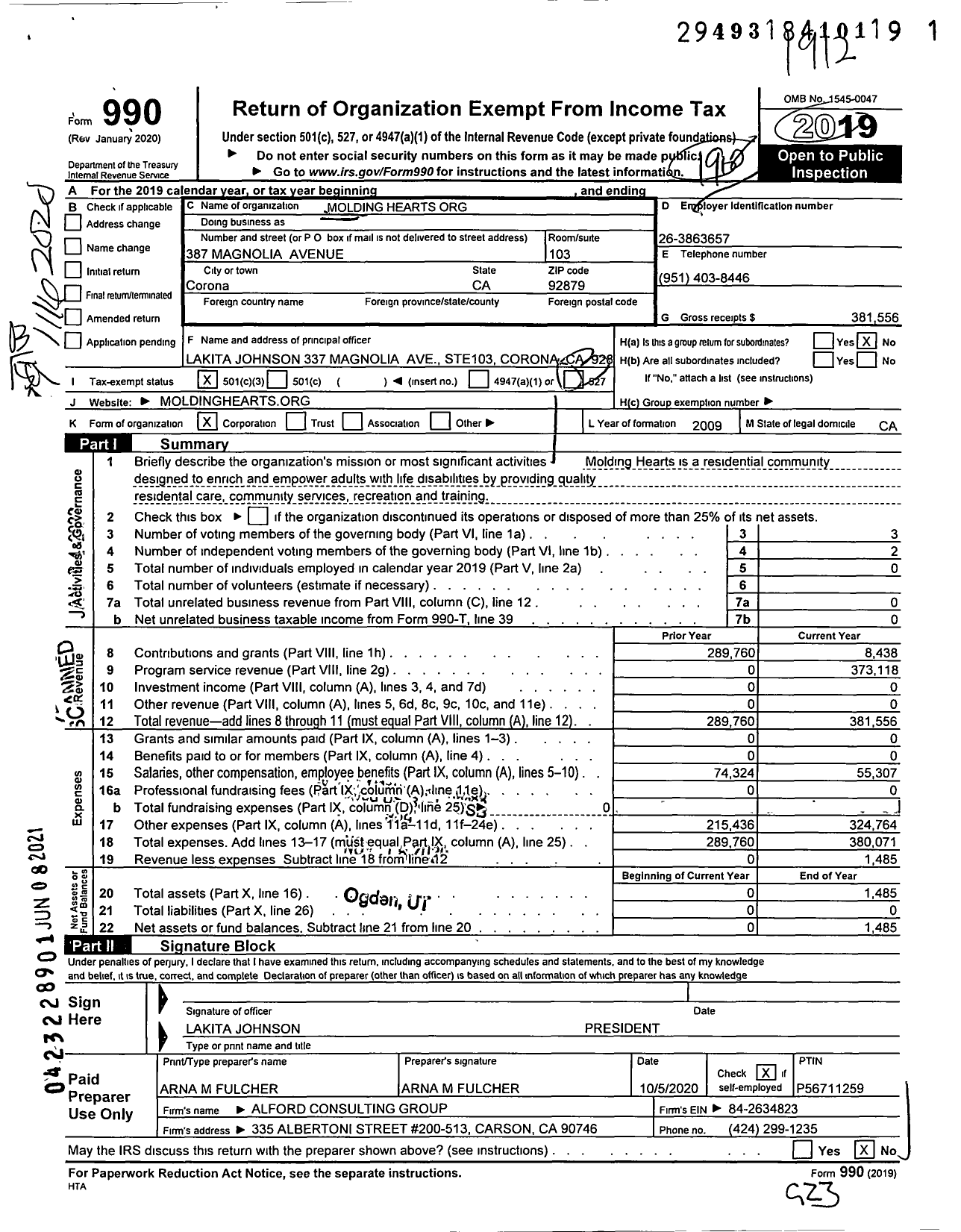 Image of first page of 2019 Form 990 for Molding Hearts Org