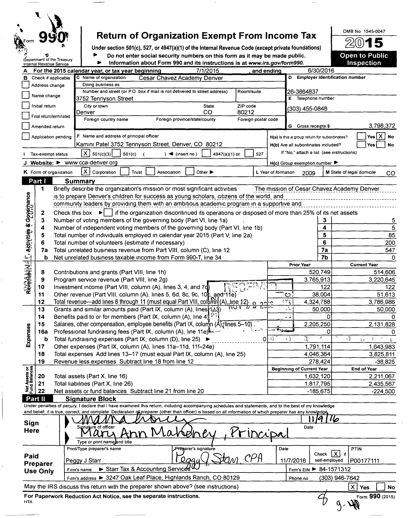 Image of first page of 2015 Form 990 for Cesar Chavez Academy Denver