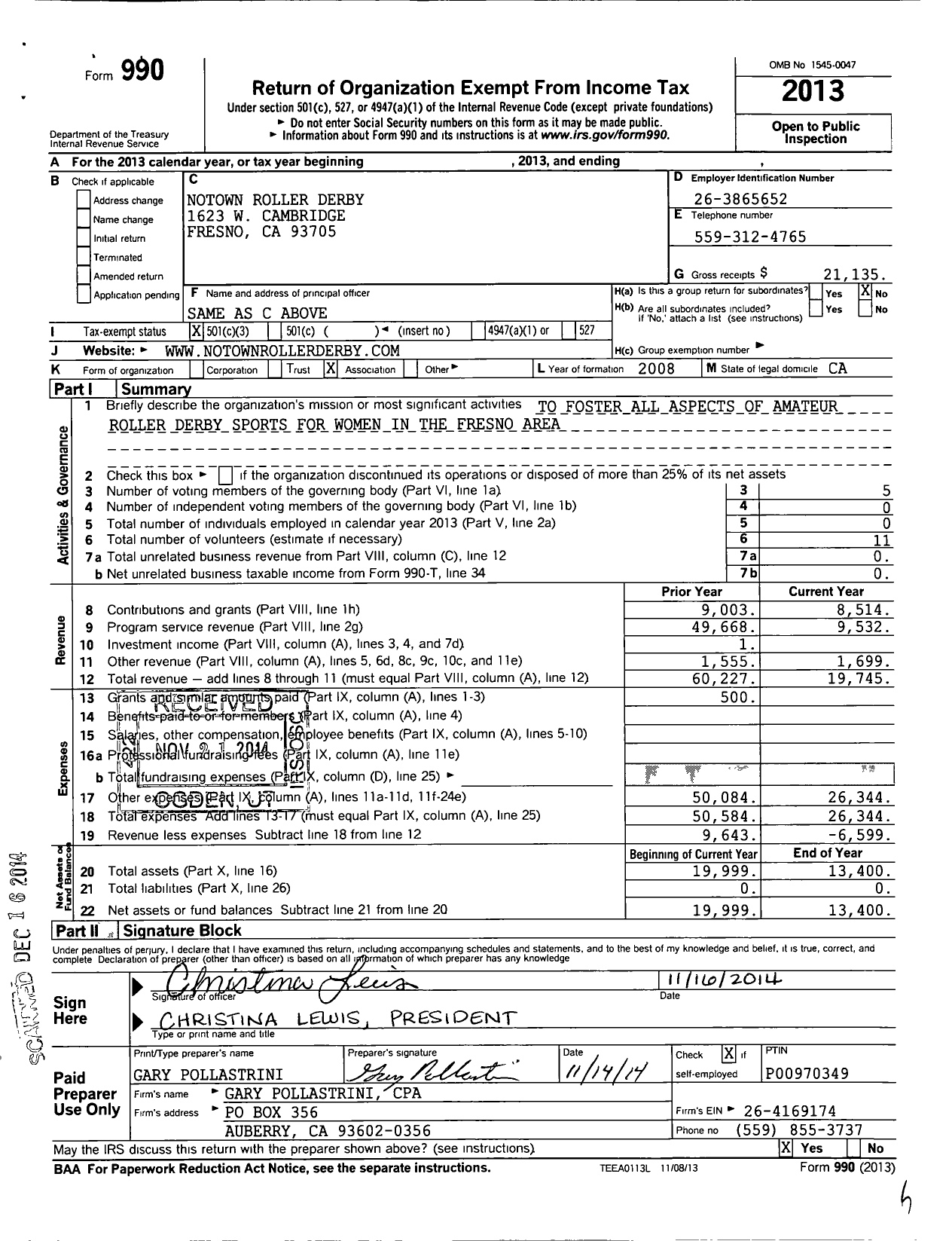 Image of first page of 2013 Form 990 for Notown Roller Derby