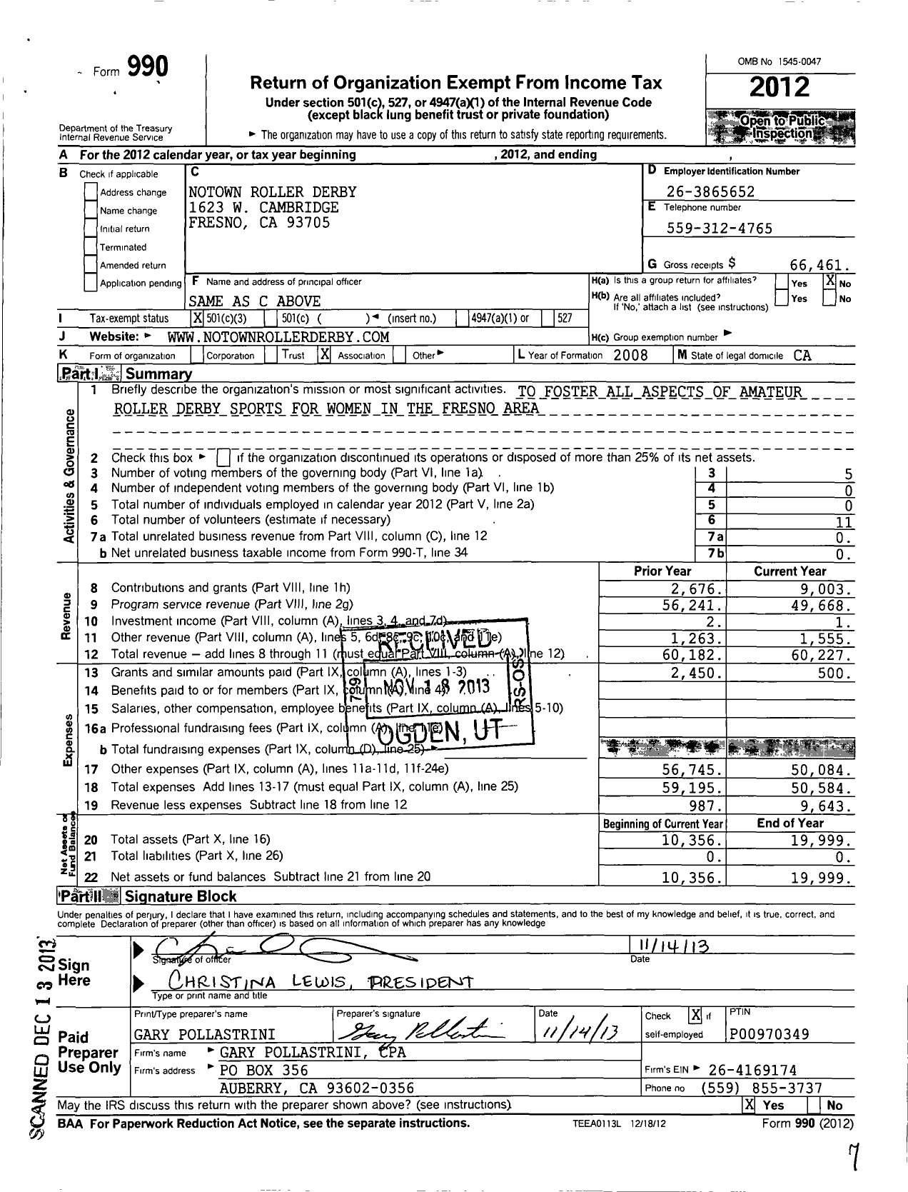 Image of first page of 2012 Form 990 for Notown Roller Derby