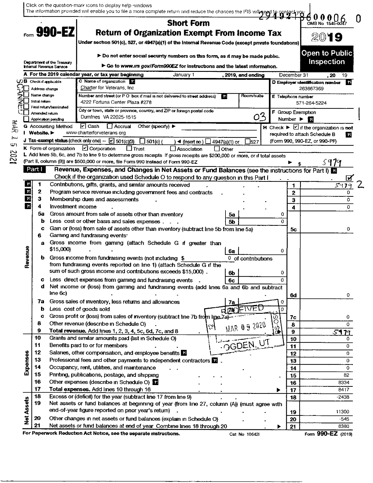 Image of first page of 2019 Form 990EZ for Charter for Veterans