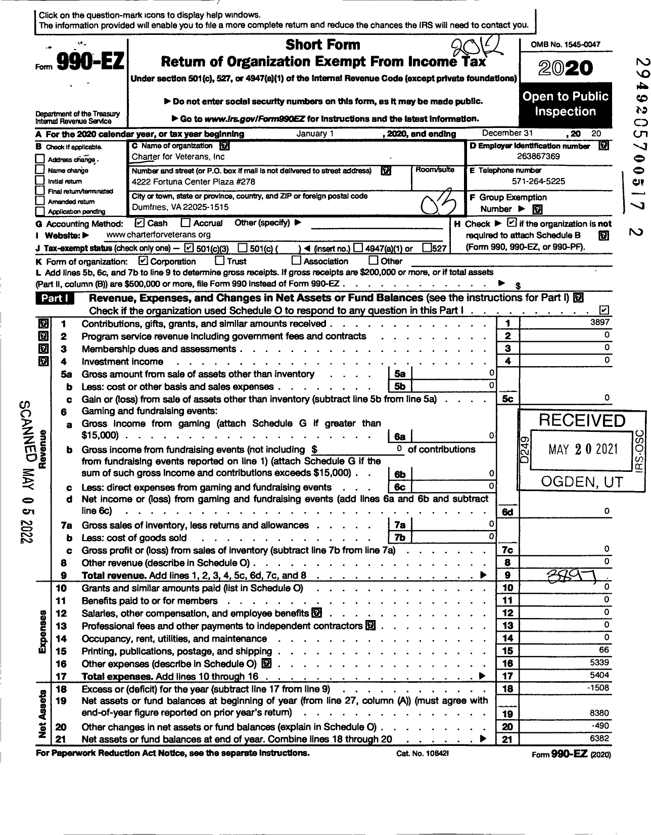 Image of first page of 2020 Form 990EZ for Charter for Veterans