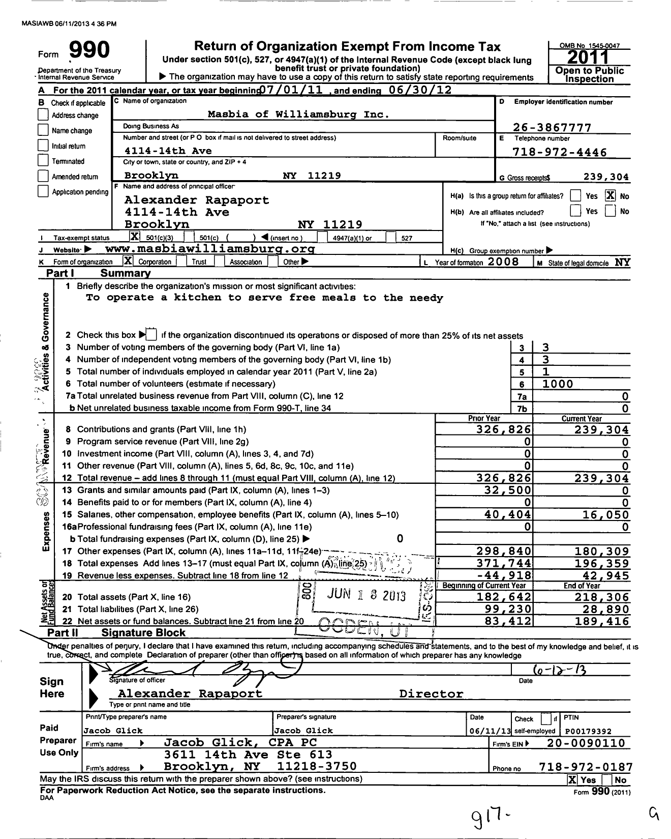 Image of first page of 2011 Form 990 for Masbia of Williamsburg