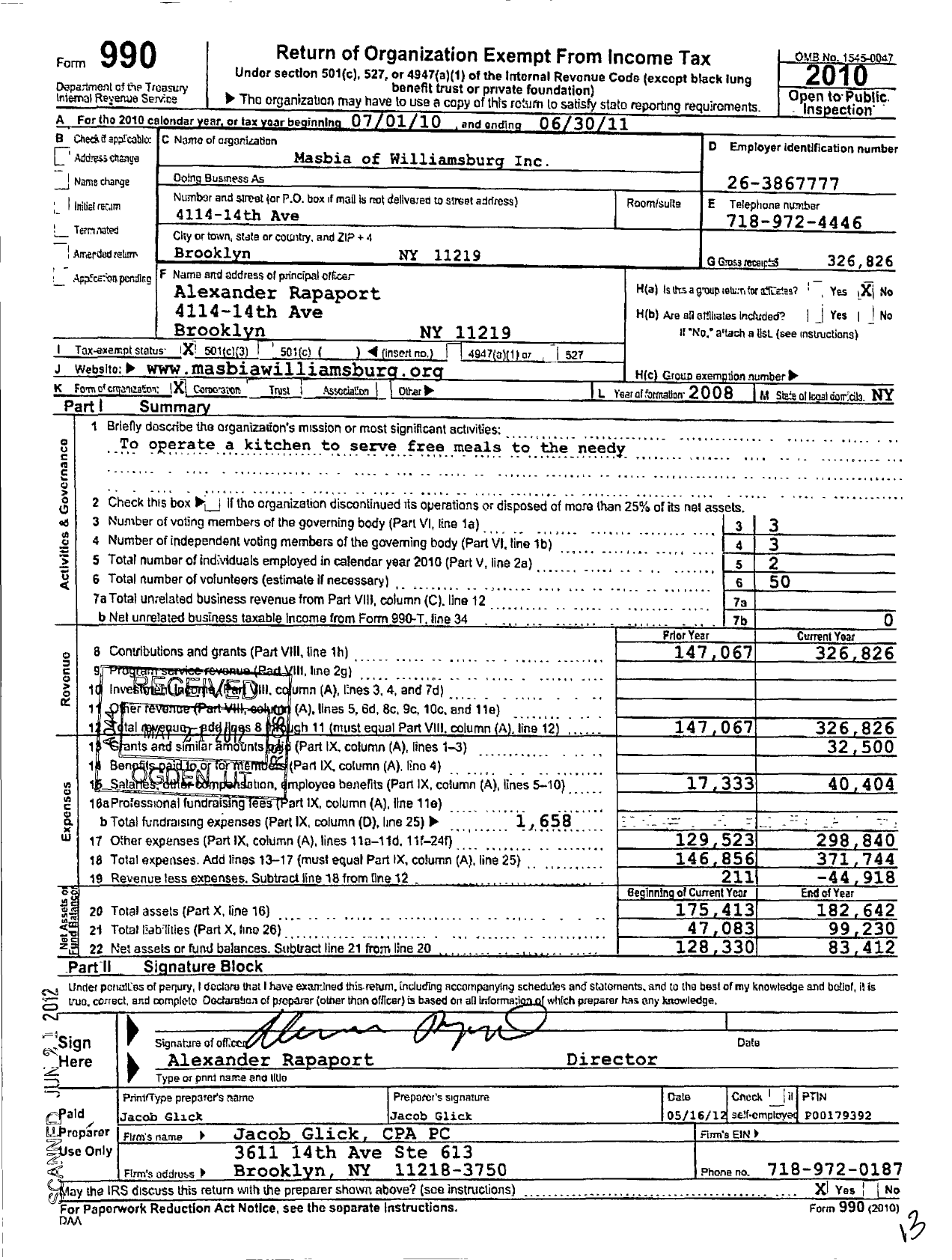 Image of first page of 2010 Form 990 for Masbia of Williamsburg