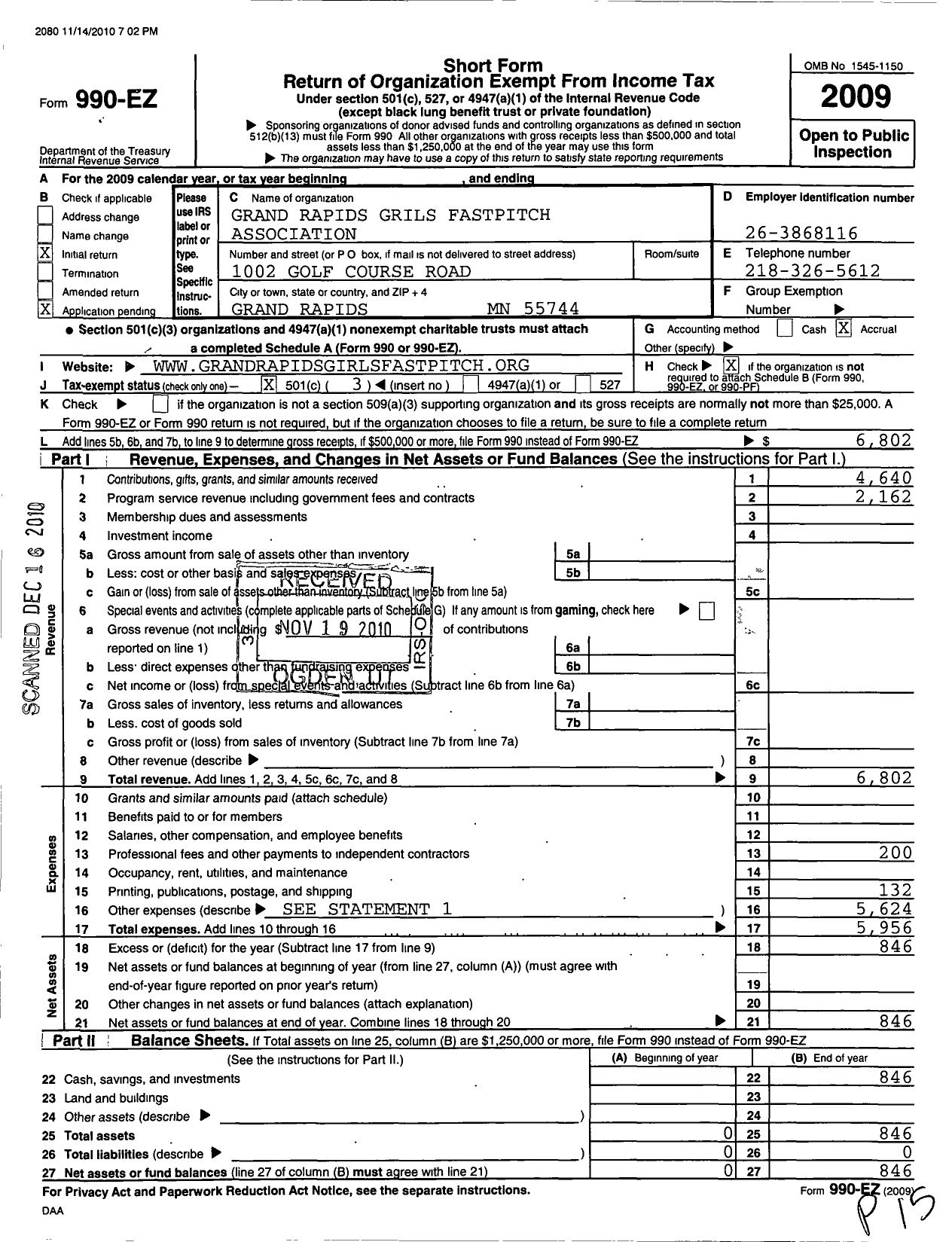 Image of first page of 2009 Form 990EZ for Grand Rapids Girls Fastpitch Association