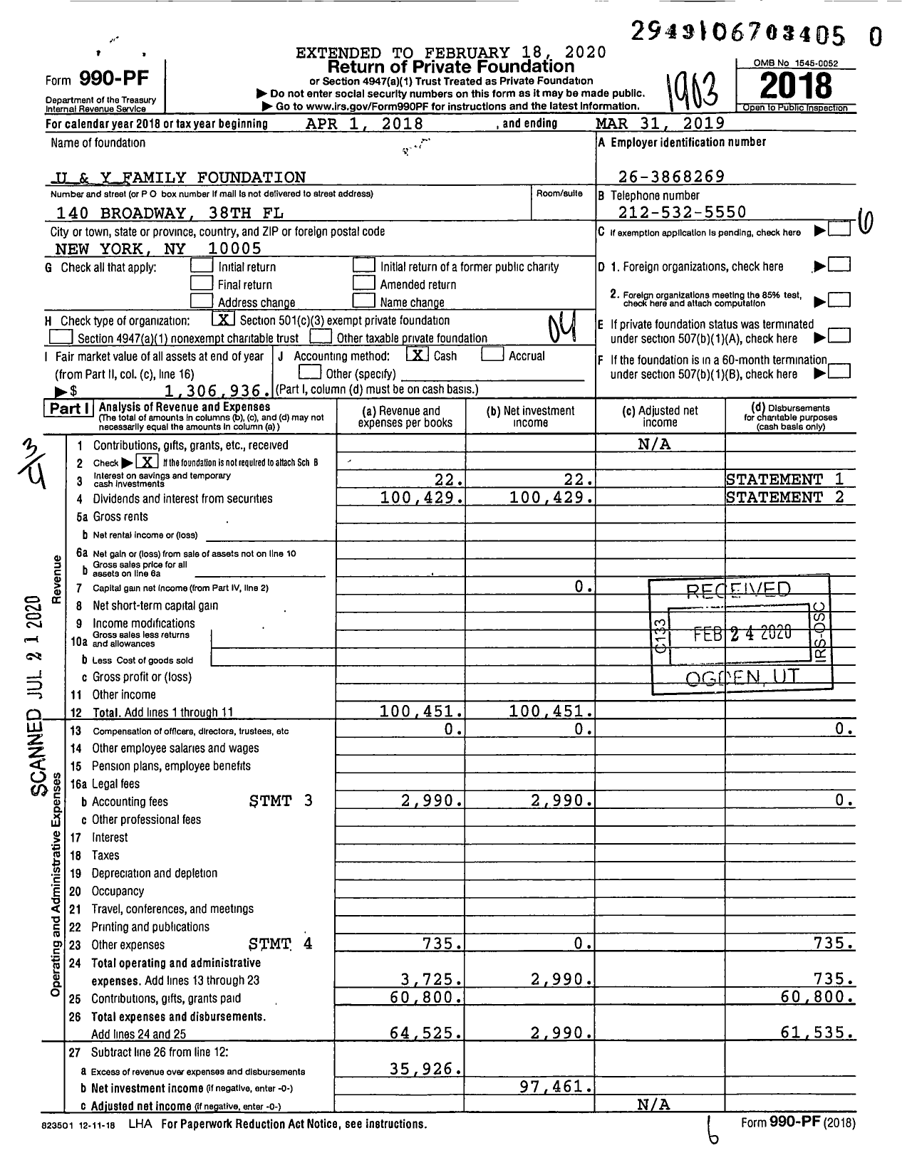 Image of first page of 2018 Form 990PR for U and Y Family Foundation