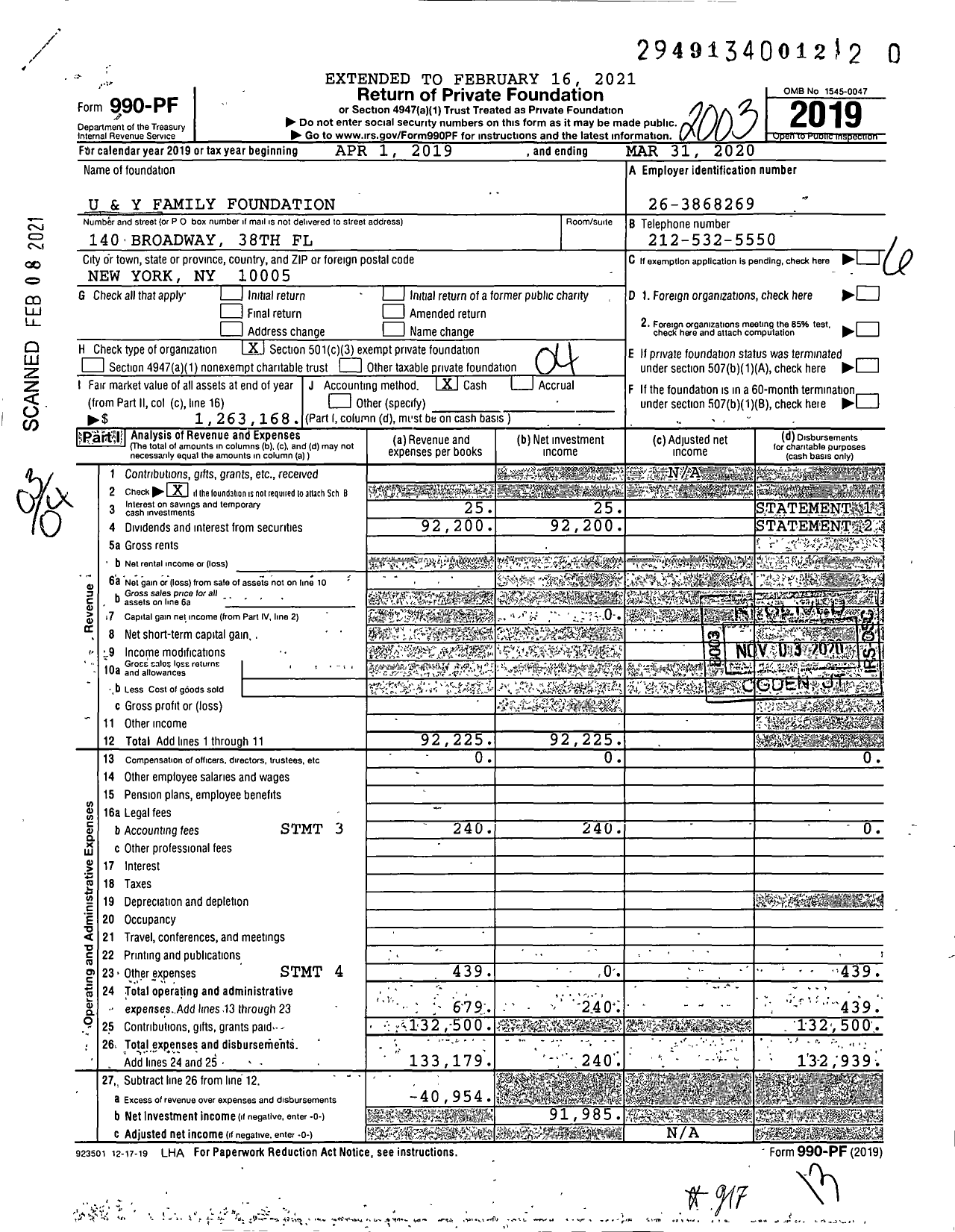 Image of first page of 2019 Form 990PF for U and Y Family Foundation