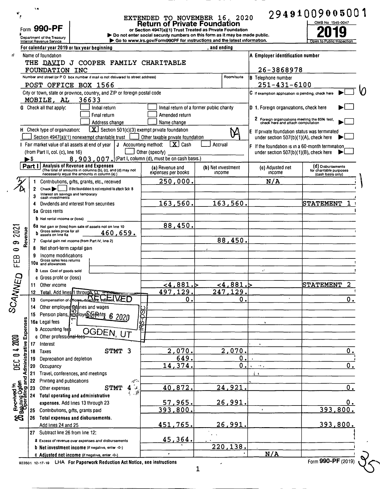 Image of first page of 2019 Form 990PF for The David J Cooper Family Charitable Foundation