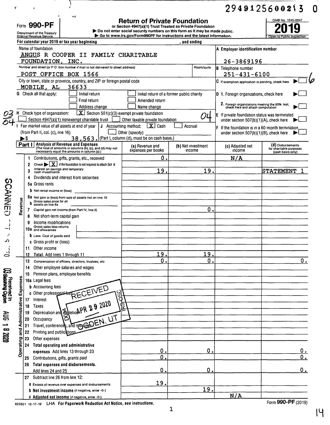 Image of first page of 2019 Form 990PR for Angus R Cooper Ii Family Charitable Foundation