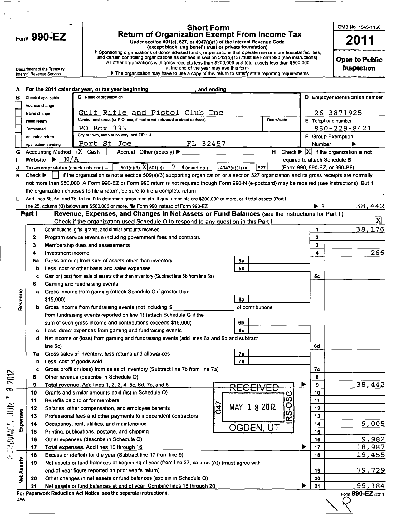 Image of first page of 2011 Form 990EO for Gulf Rifle and Pistol Club