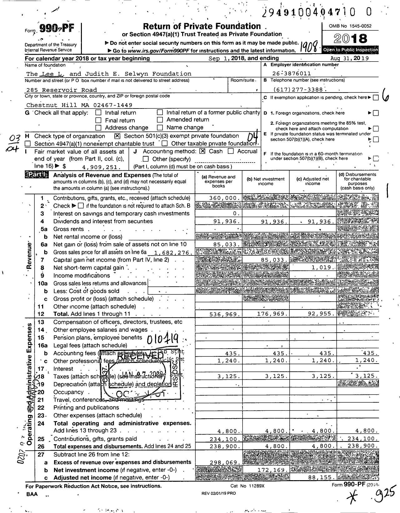 Image of first page of 2018 Form 990PR for The Lee L and Judith E Selwyn Foundation