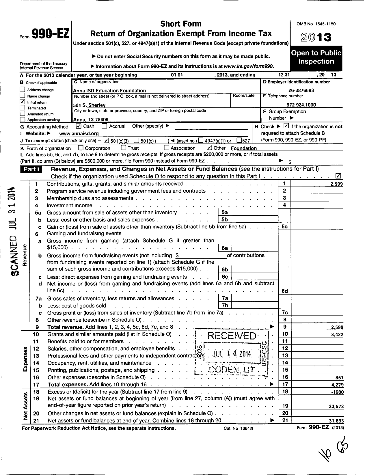 Image of first page of 2013 Form 990EZ for Anna ISD Education Foundation