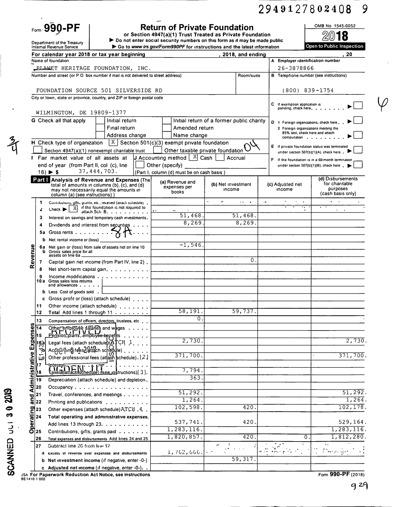 Image of first page of 2018 Form 990PF for Planet Heritage Foundation