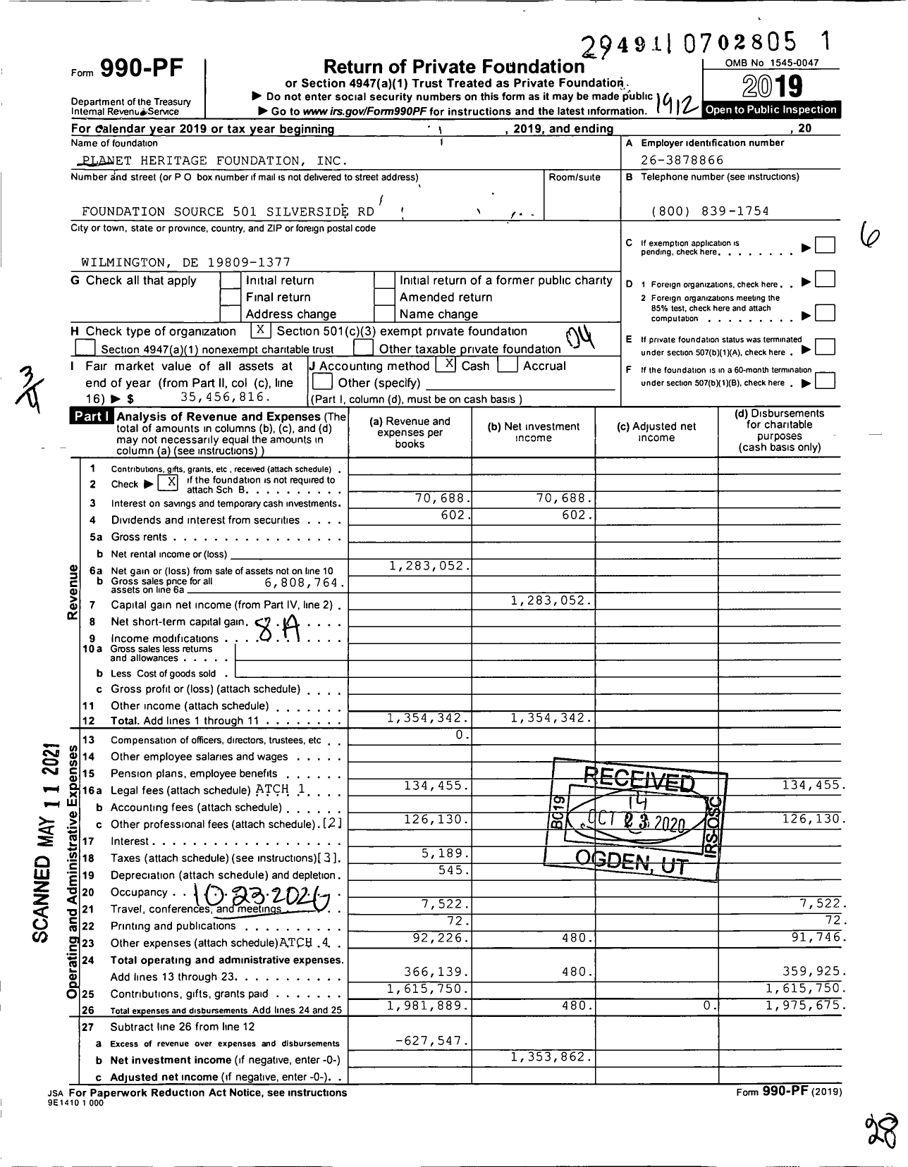 Image of first page of 2019 Form 990PF for Planet Heritage Foundation