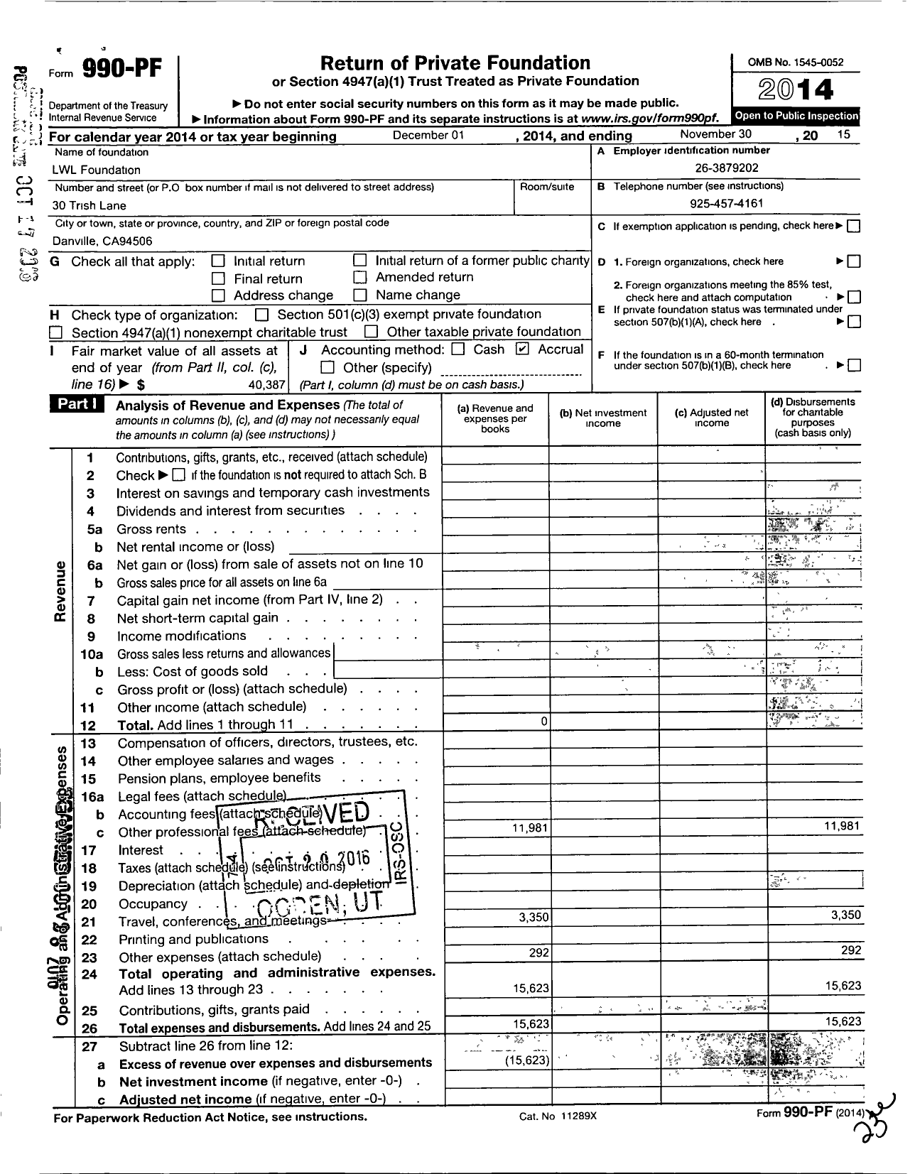 Image of first page of 2014 Form 990PF for LWL Foundation