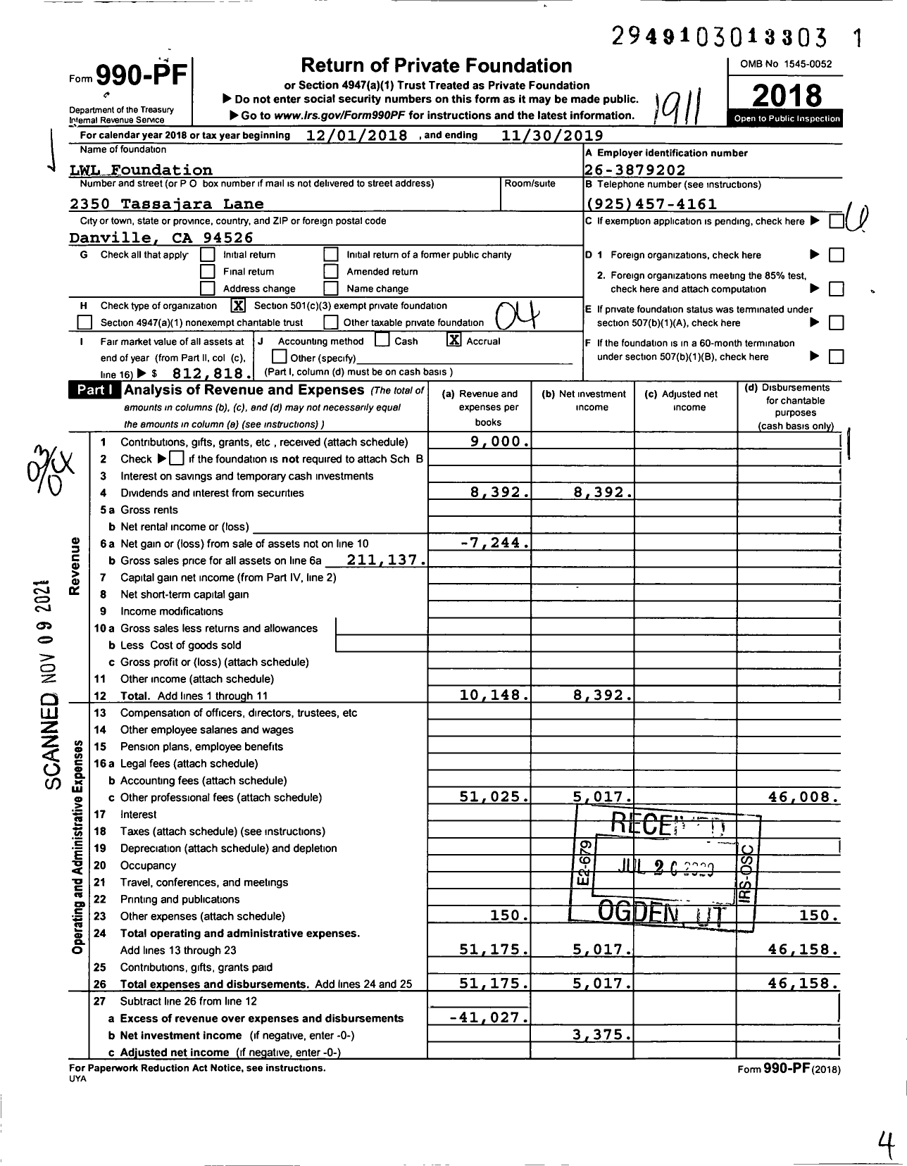 Image of first page of 2018 Form 990PF for LWL Foundation