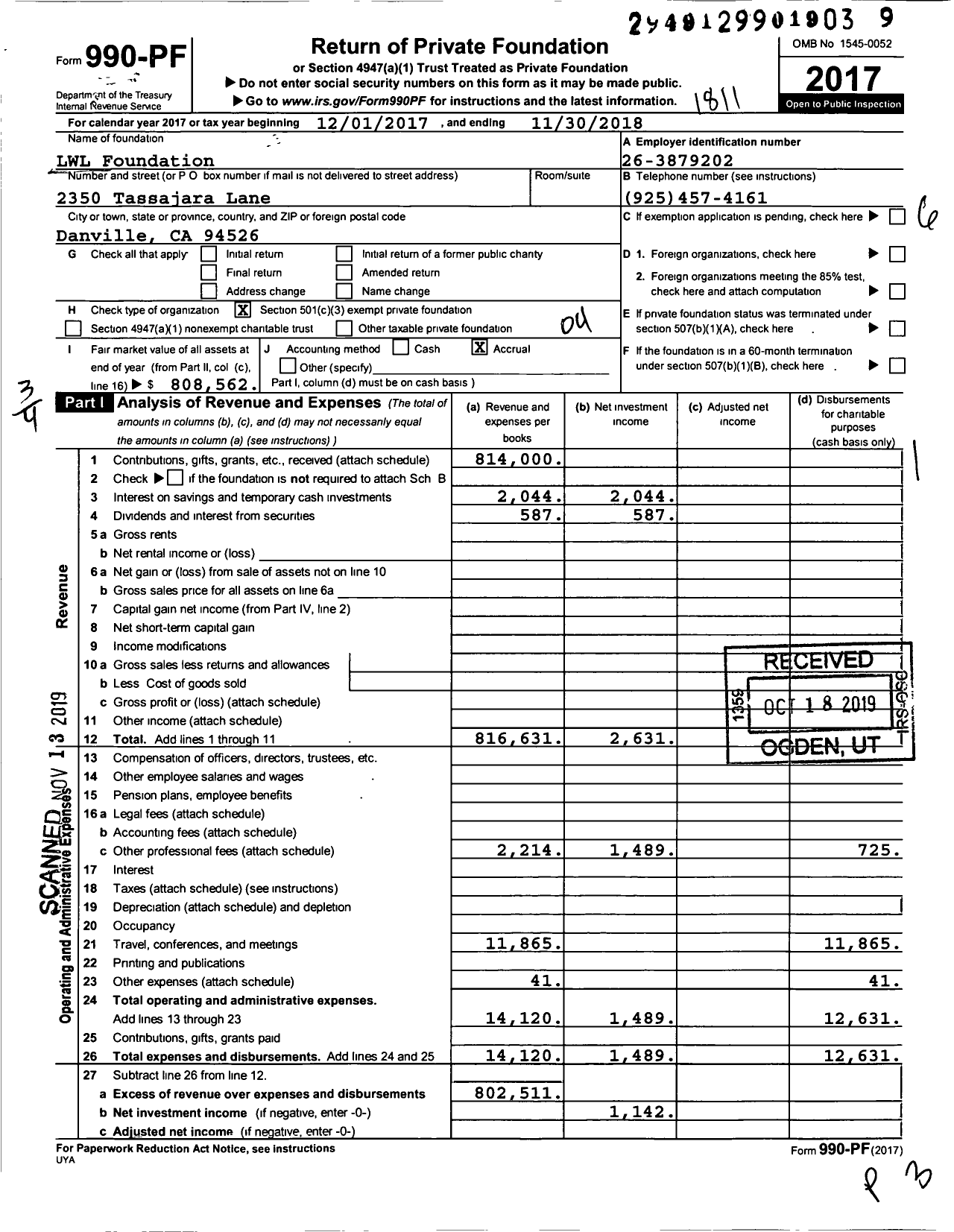 Image of first page of 2017 Form 990PF for LWL Foundation