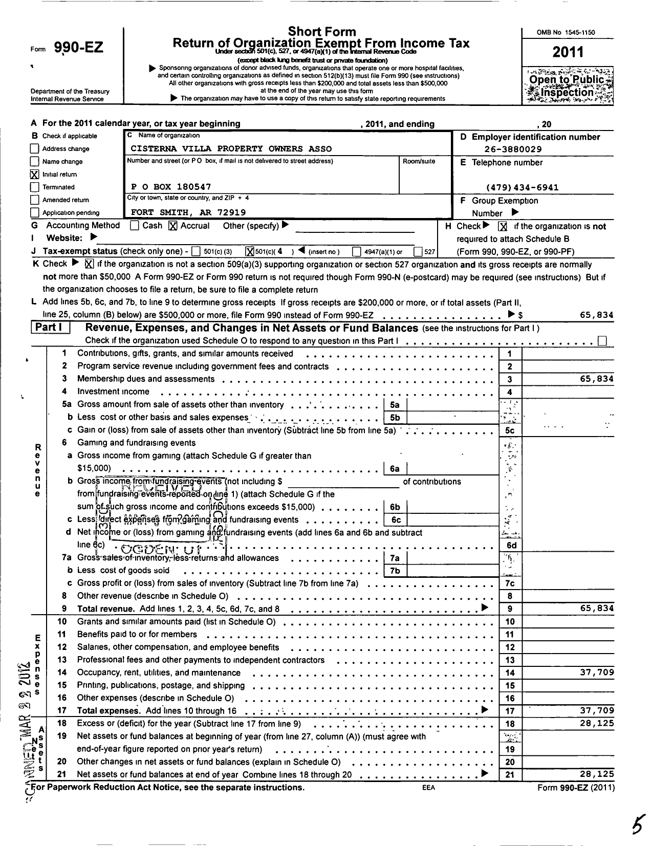 Image of first page of 2011 Form 990EO for Cisterna Villa at Chaffee Crossing