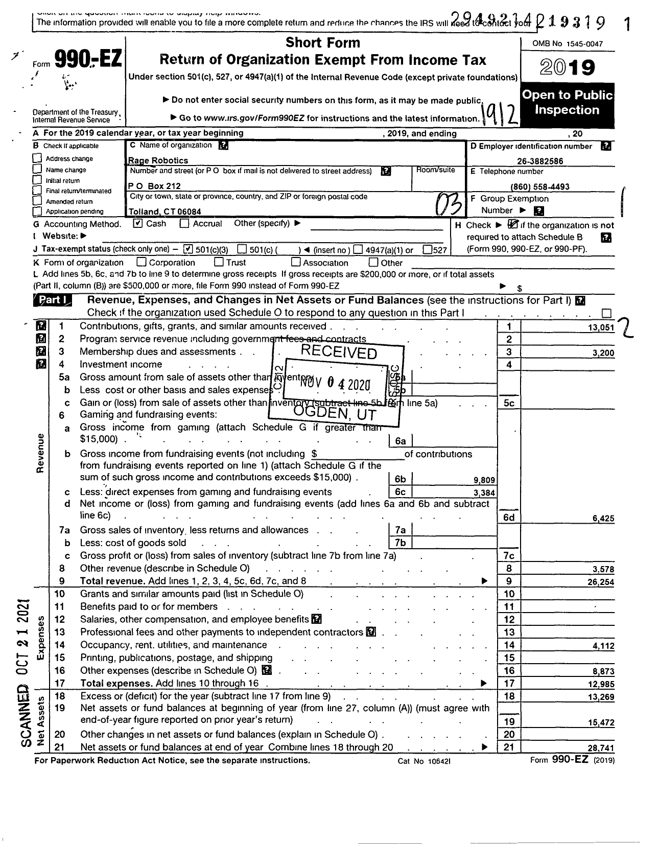 Image of first page of 2019 Form 990EZ for Rage Robotics