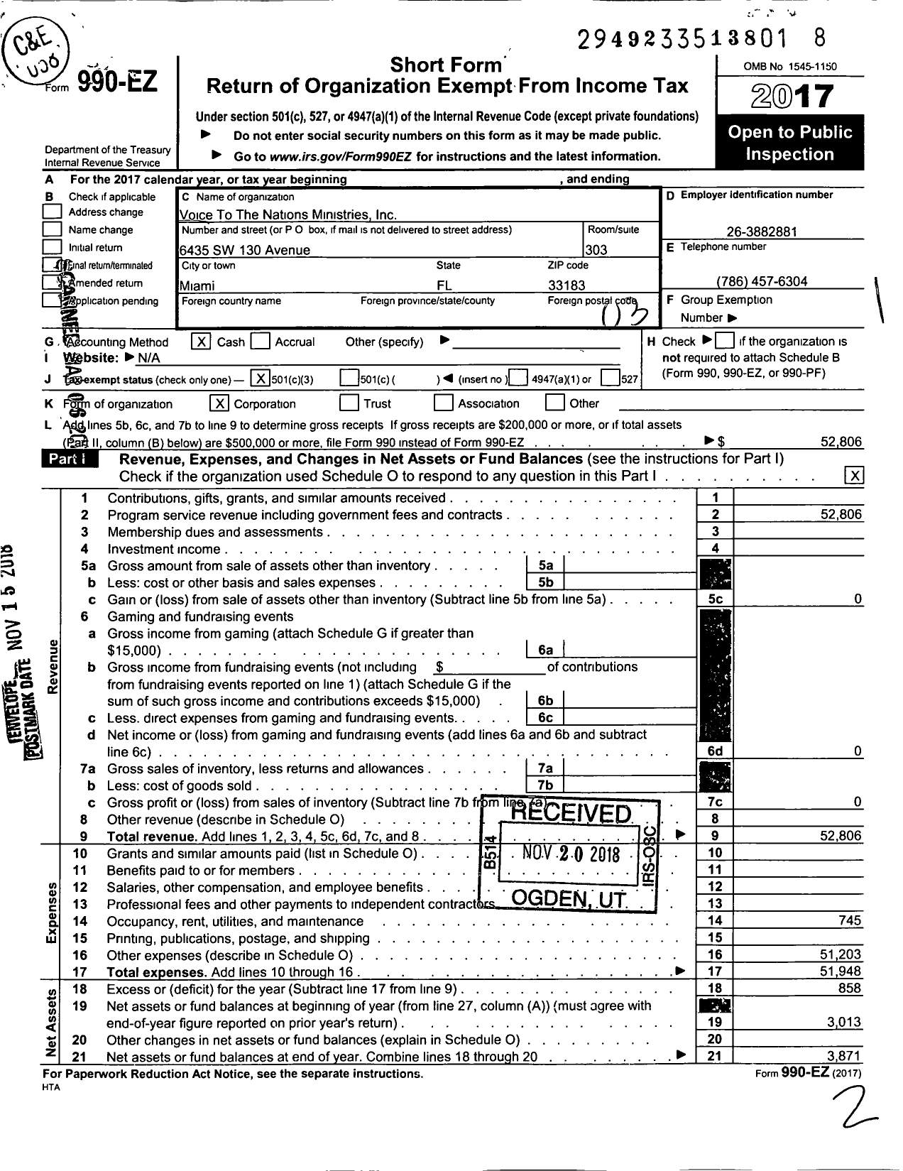 Image of first page of 2017 Form 990EZ for Voice To The Nations Ministries