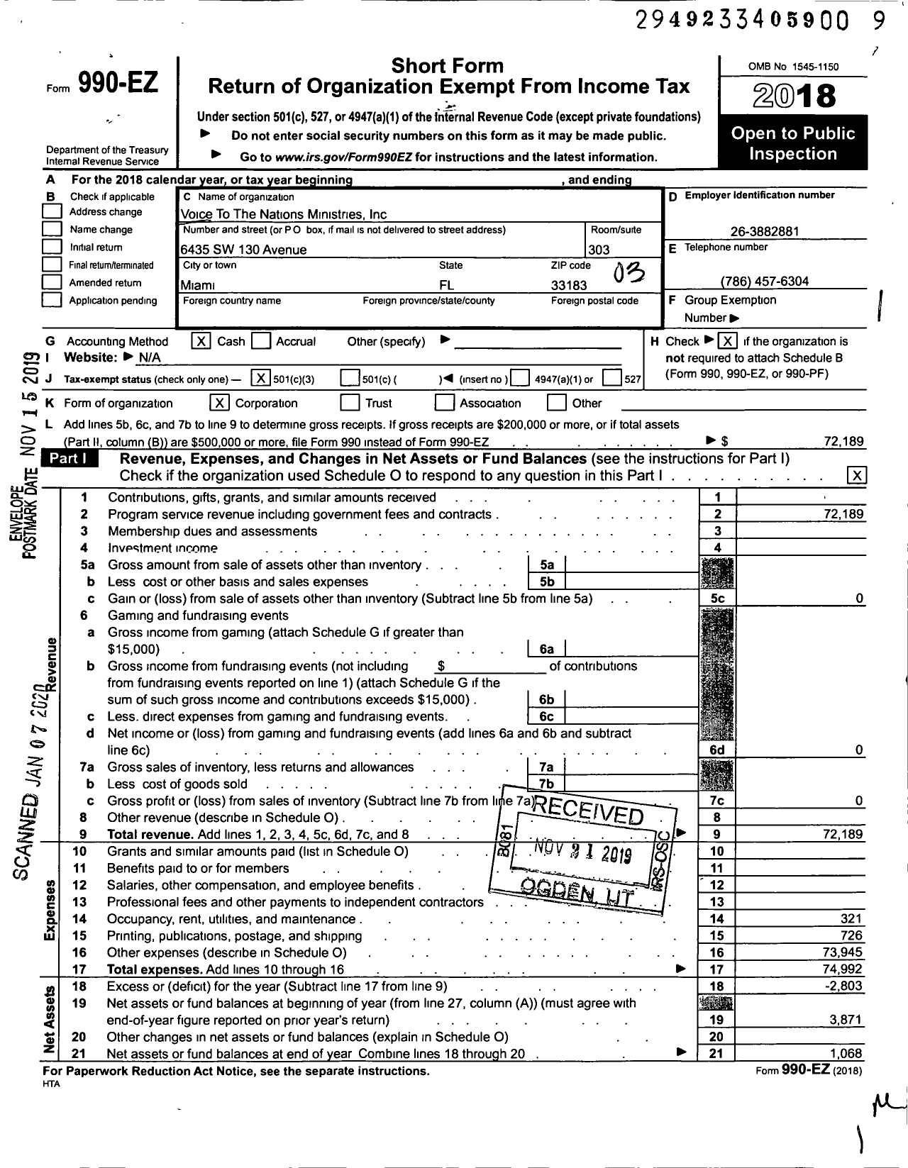 Image of first page of 2018 Form 990EZ for Voice To The Nations Ministries