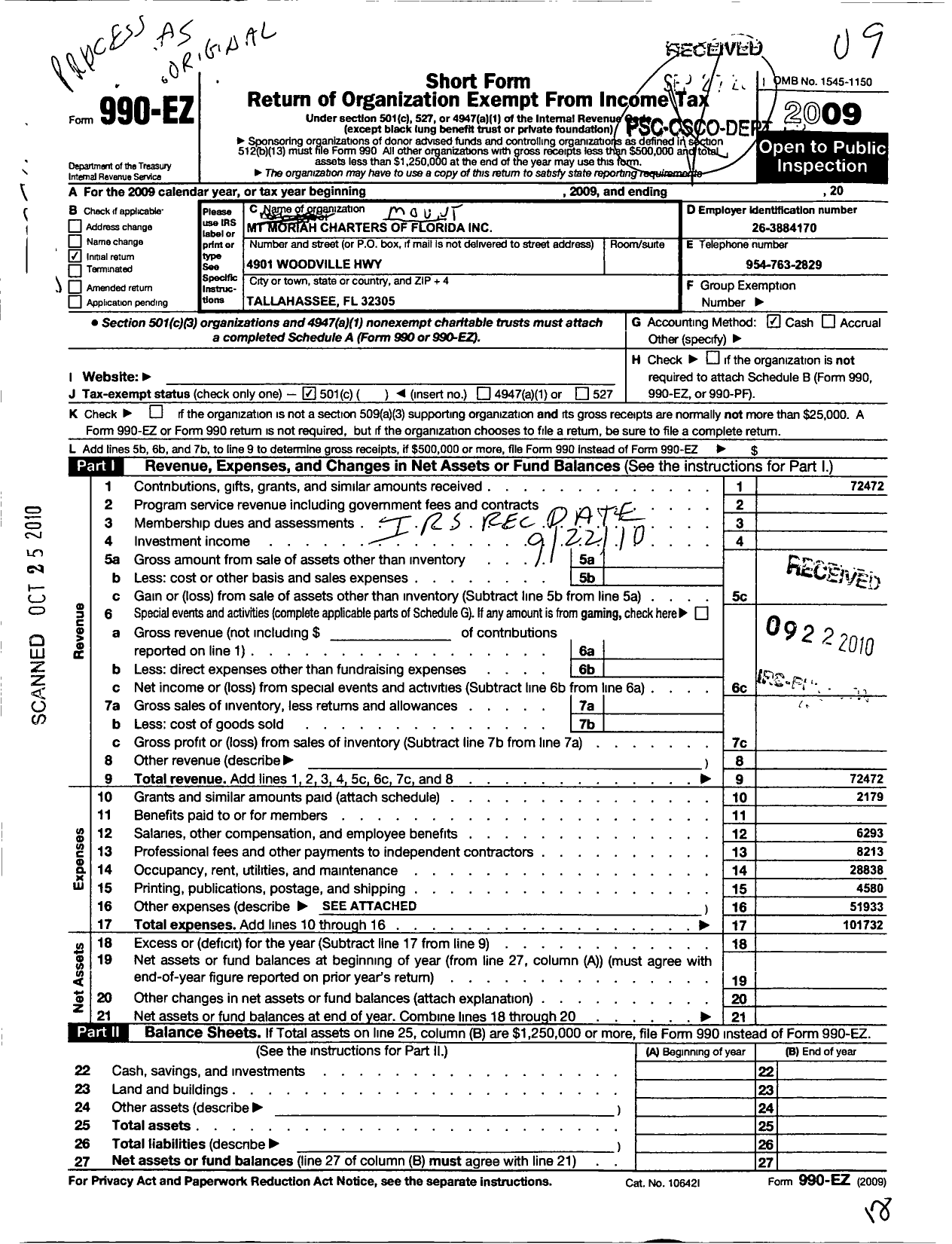 Image of first page of 2009 Form 990EO for Mount Moriah Charters of Florida