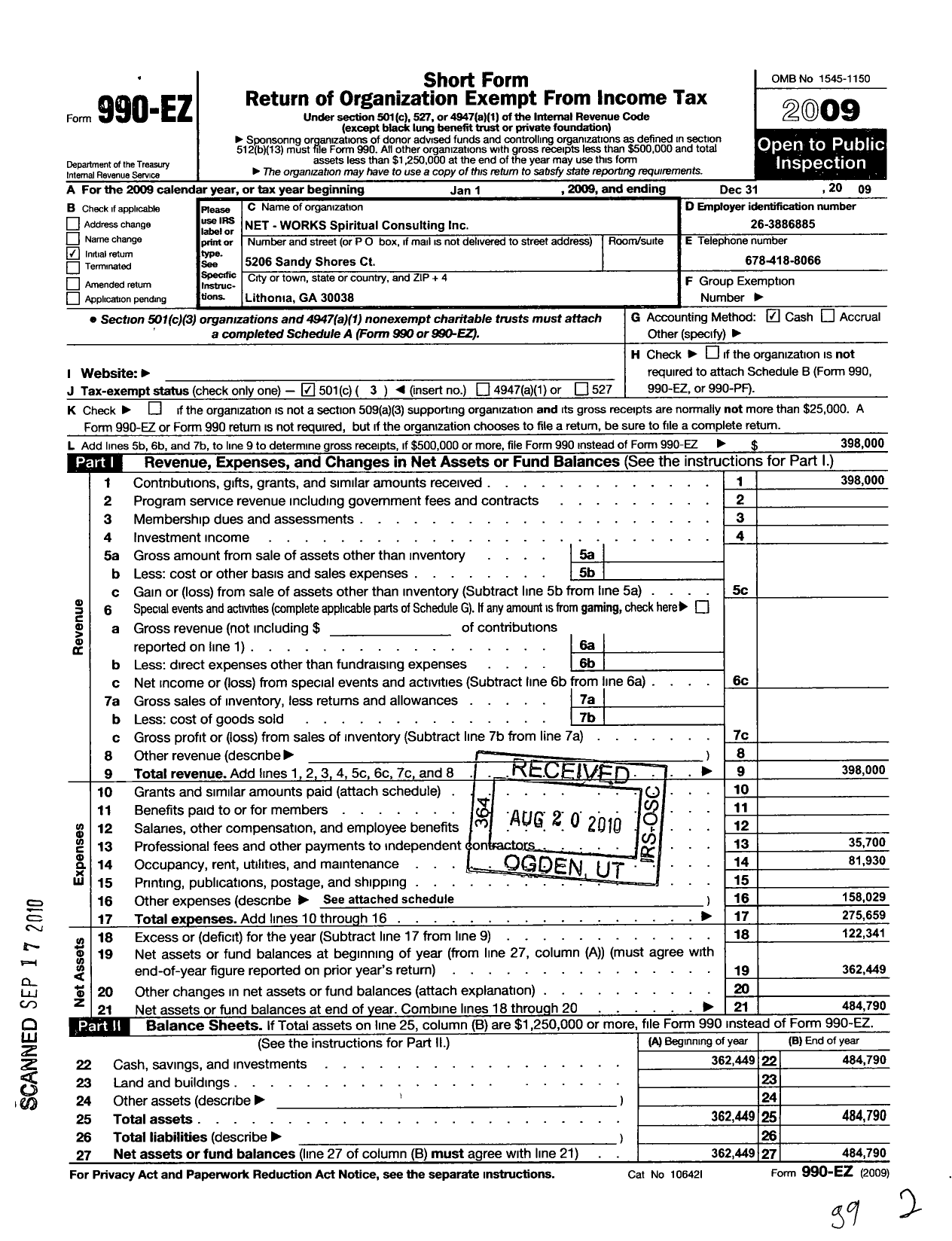 Image of first page of 2009 Form 990EZ for Net-Works Spiritual Consulting