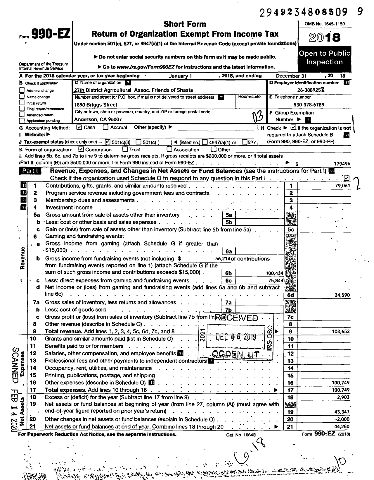 Image of first page of 2018 Form 990EZ for 27th District Agricultural Assoc Friends of Shasta