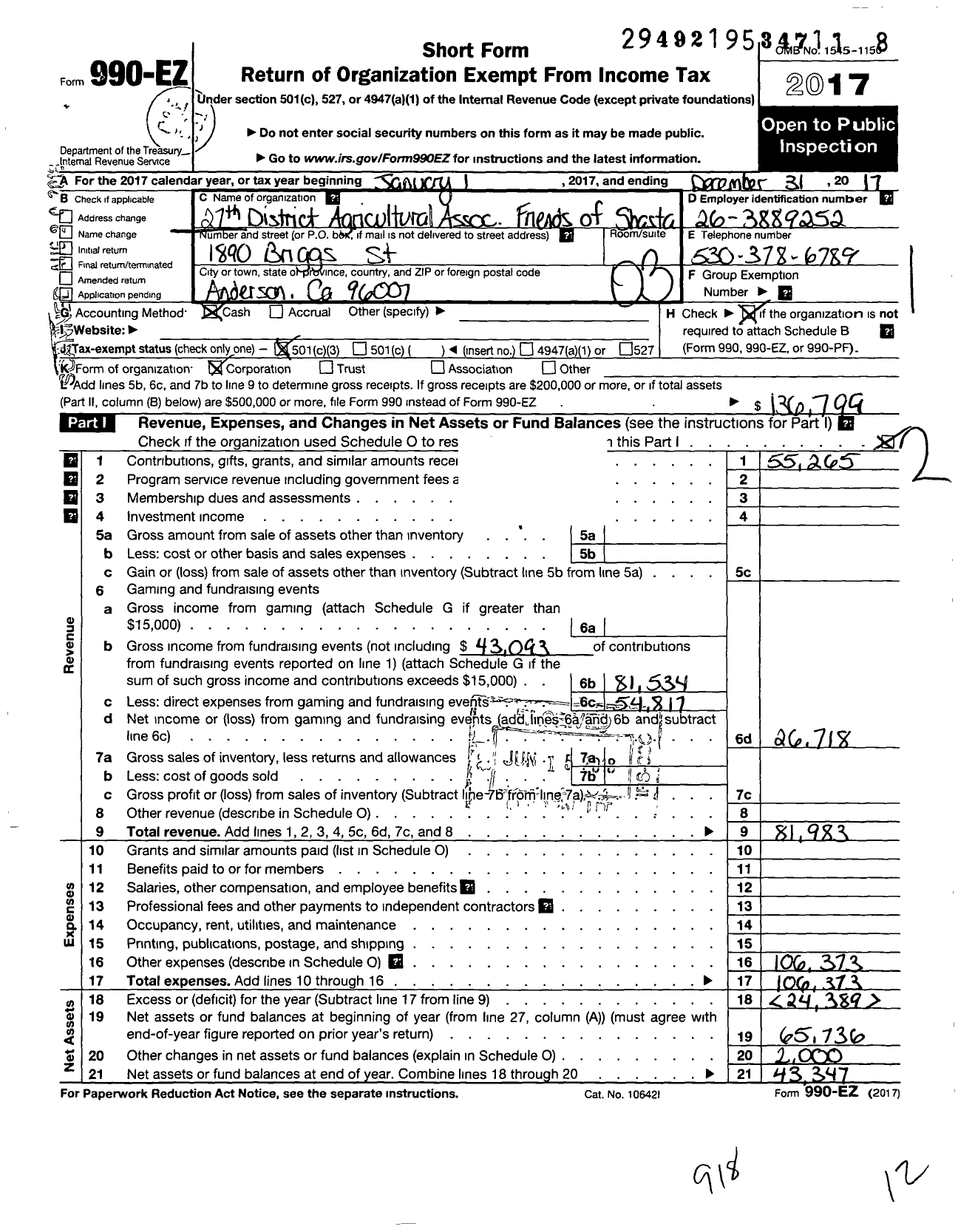 Image of first page of 2017 Form 990EZ for 27th District Agricultural Assoc Friends of Shasta