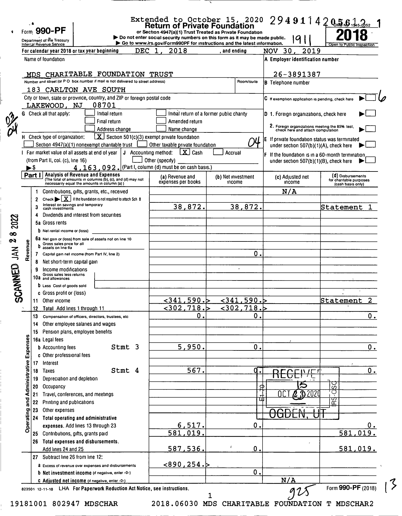 Image of first page of 2018 Form 990PF for MDS Charitable Foundation