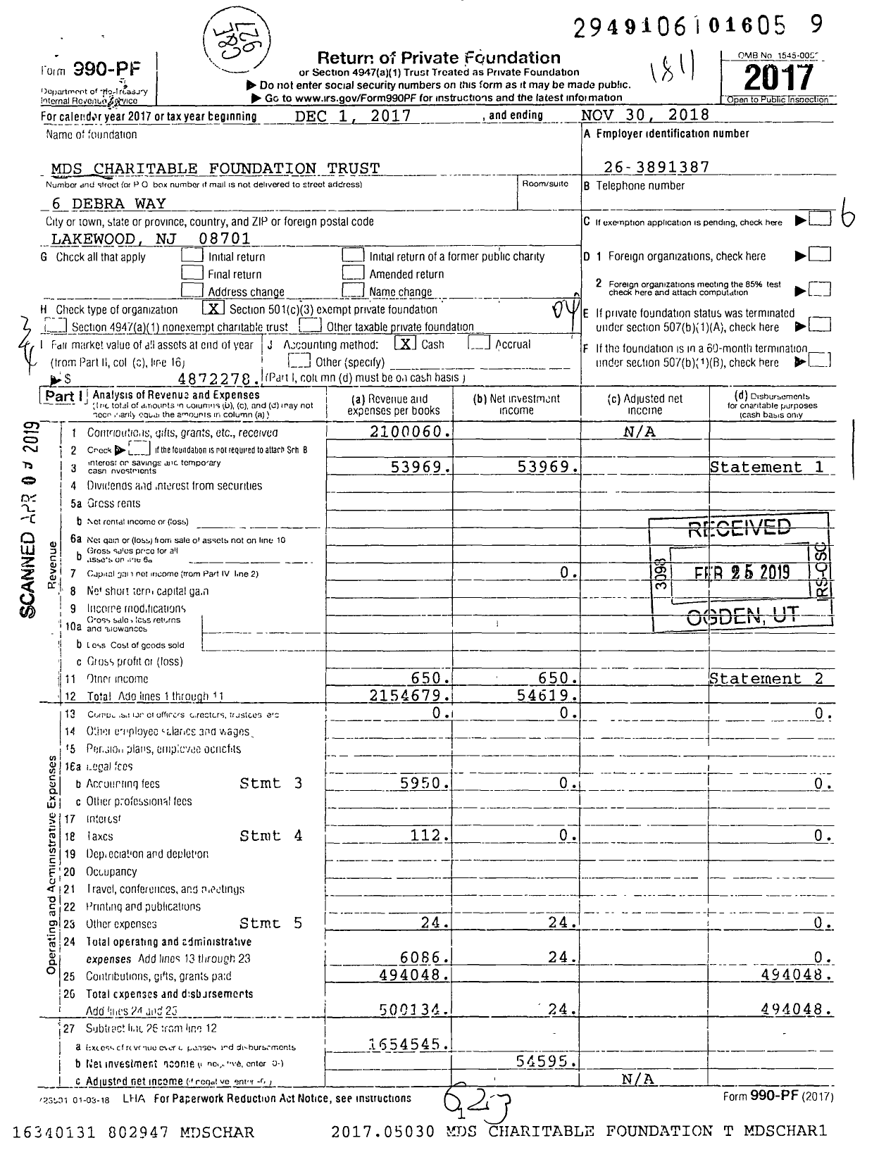 Image of first page of 2017 Form 990PF for MDS Charitable Foundation