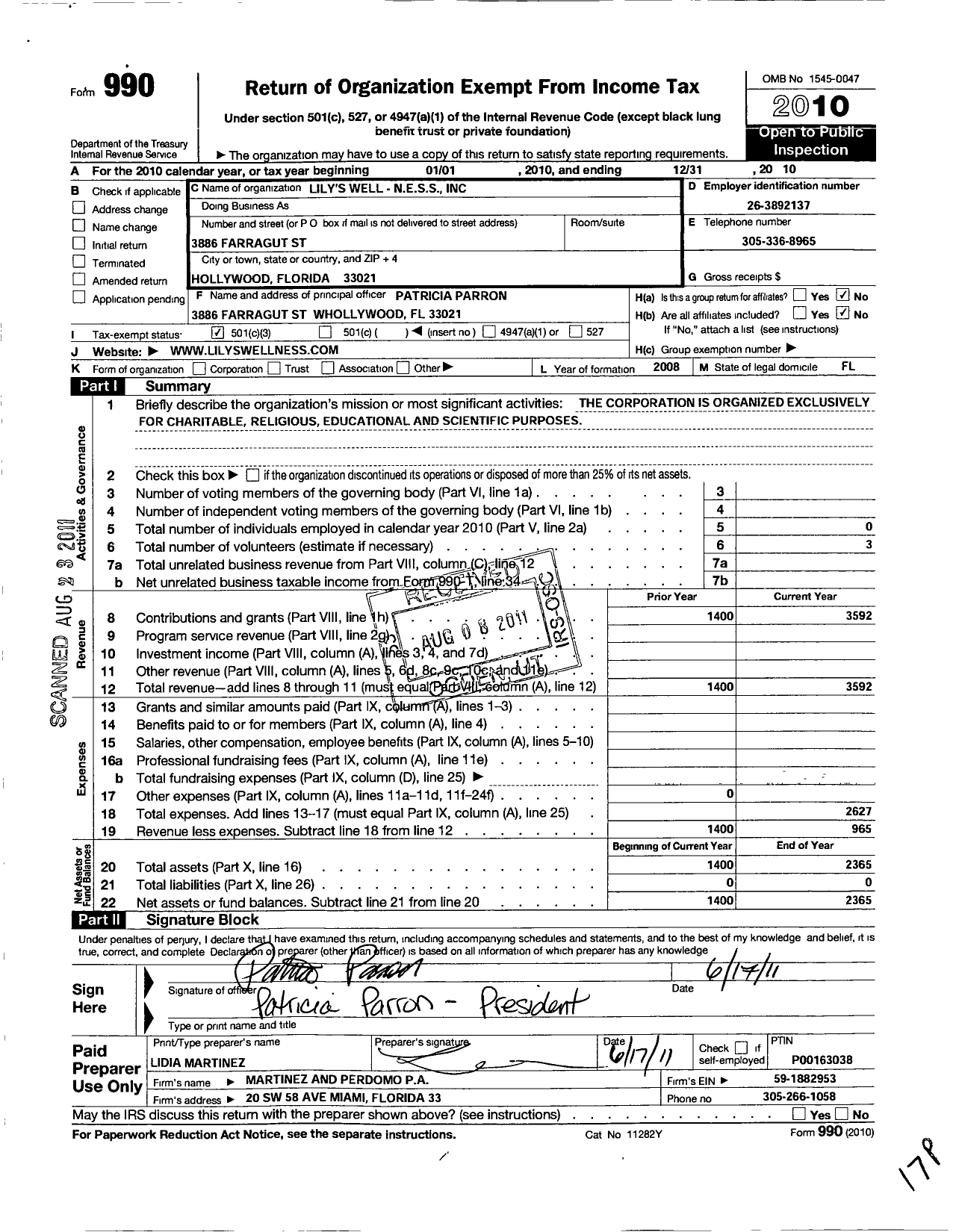 Image of first page of 2010 Form 990 for Lily's Well -nessinc