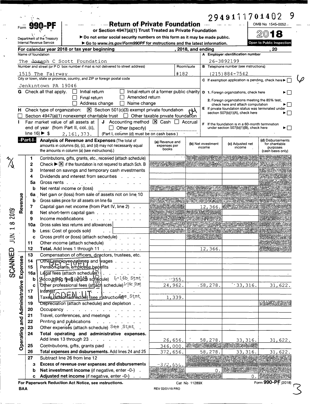 Image of first page of 2018 Form 990PF for The Joseph C Scott Foundation