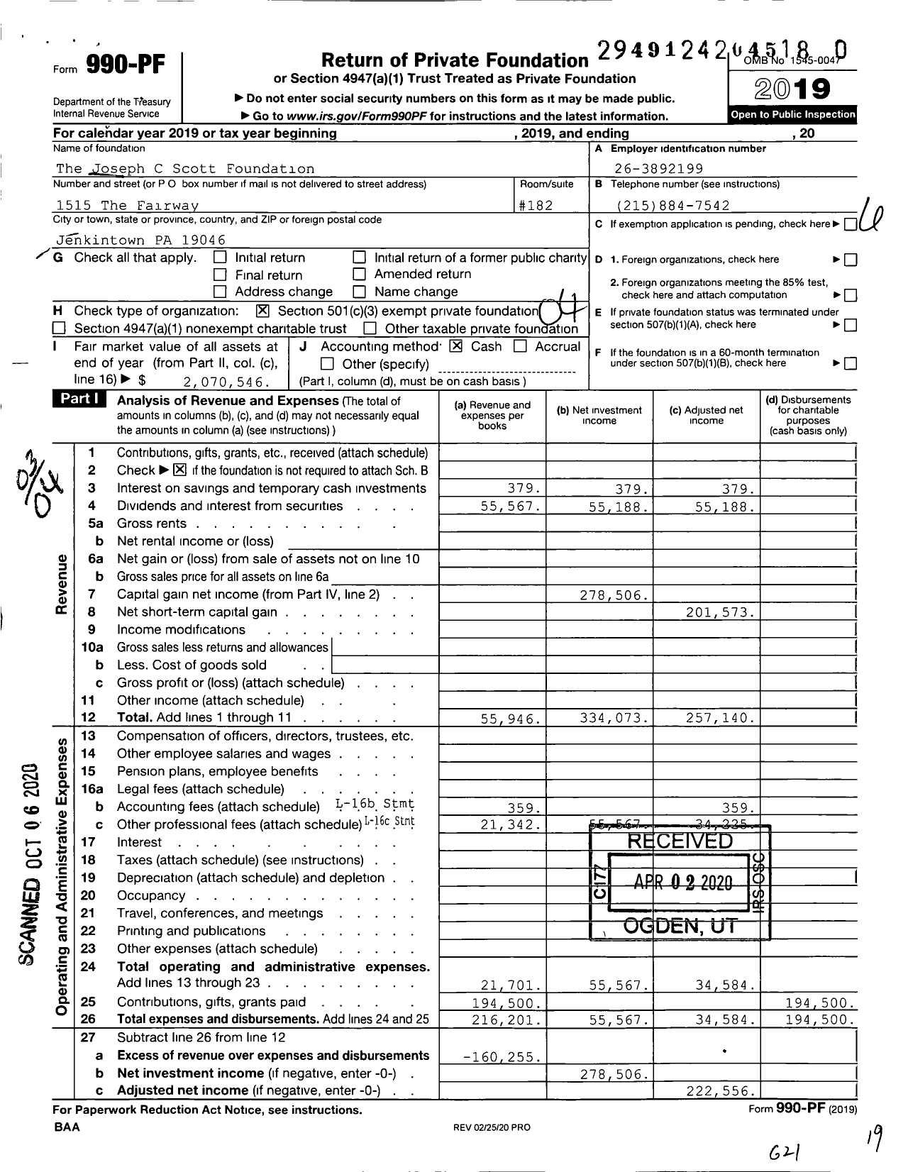 Image of first page of 2019 Form 990PR for The Joseph C Scott Foundation