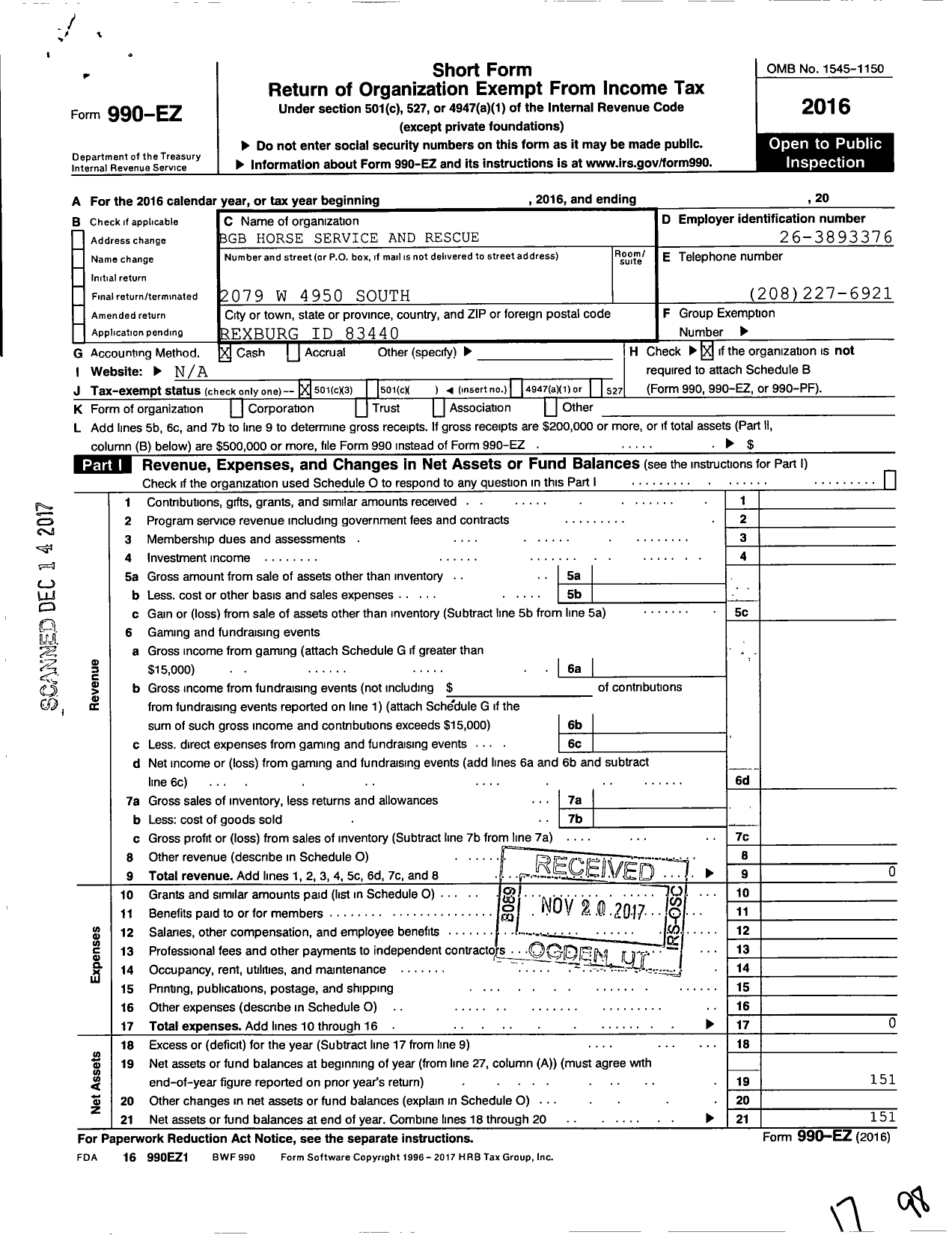 Image of first page of 2016 Form 990EZ for BGB Horse Service and Rescue