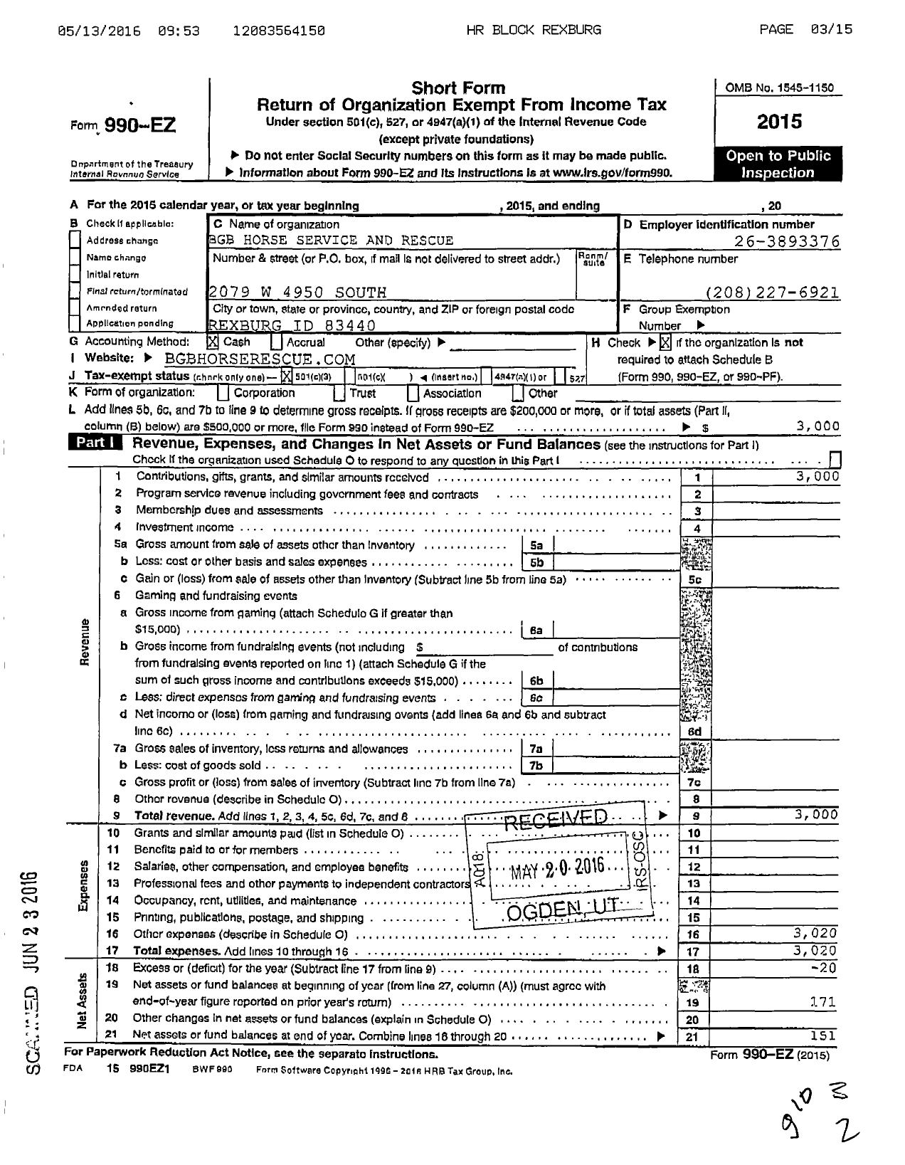 Image of first page of 2015 Form 990EZ for BGB Horse Service and Rescue