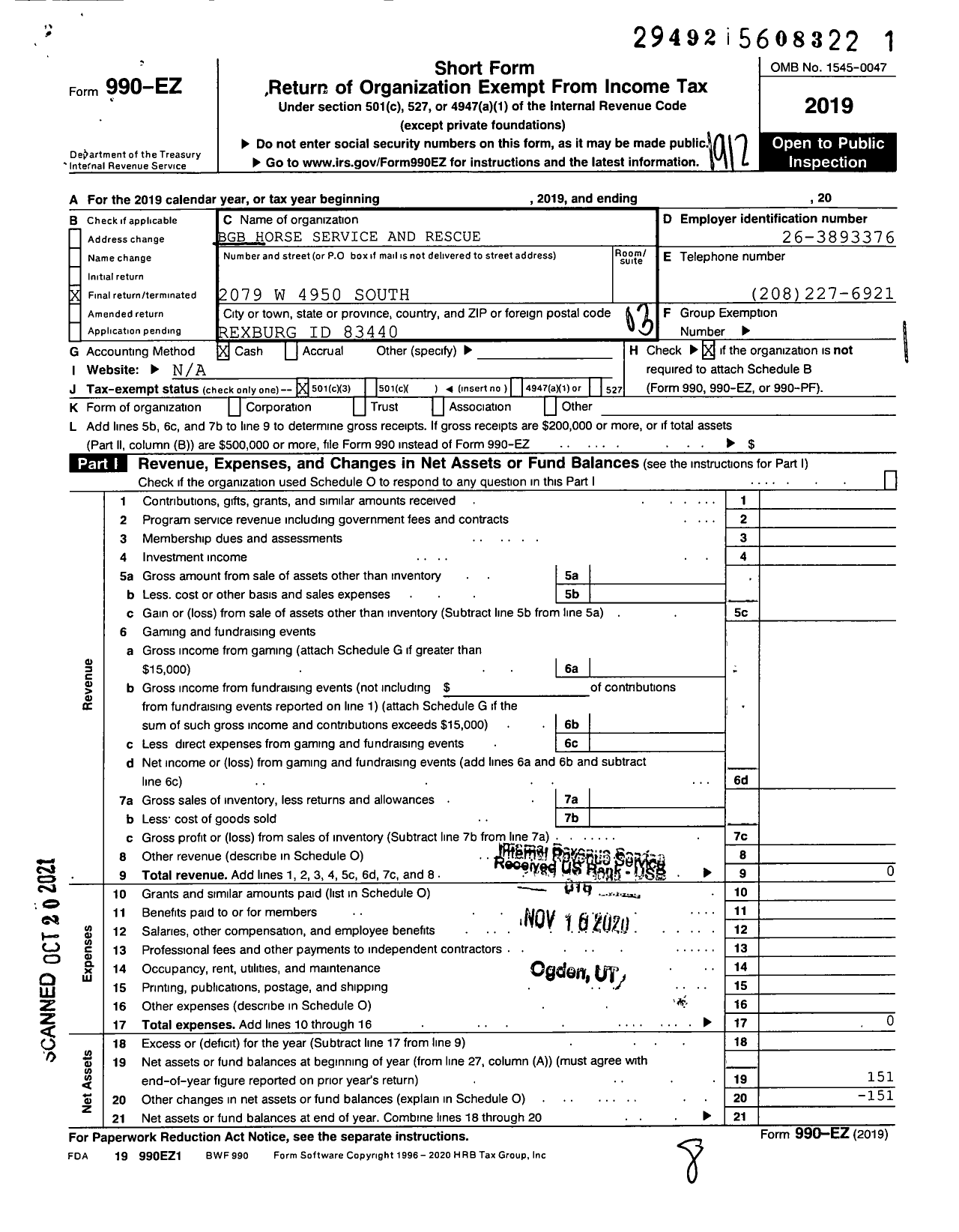 Image of first page of 2019 Form 990EZ for BGB Horse Service and Rescue