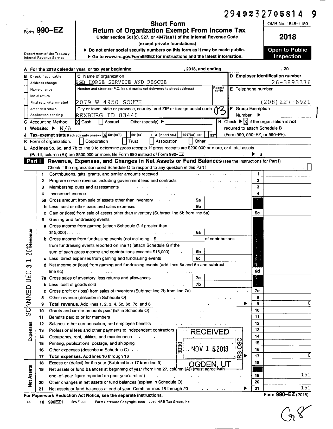 Image of first page of 2018 Form 990EZ for BGB Horse Service and Rescue