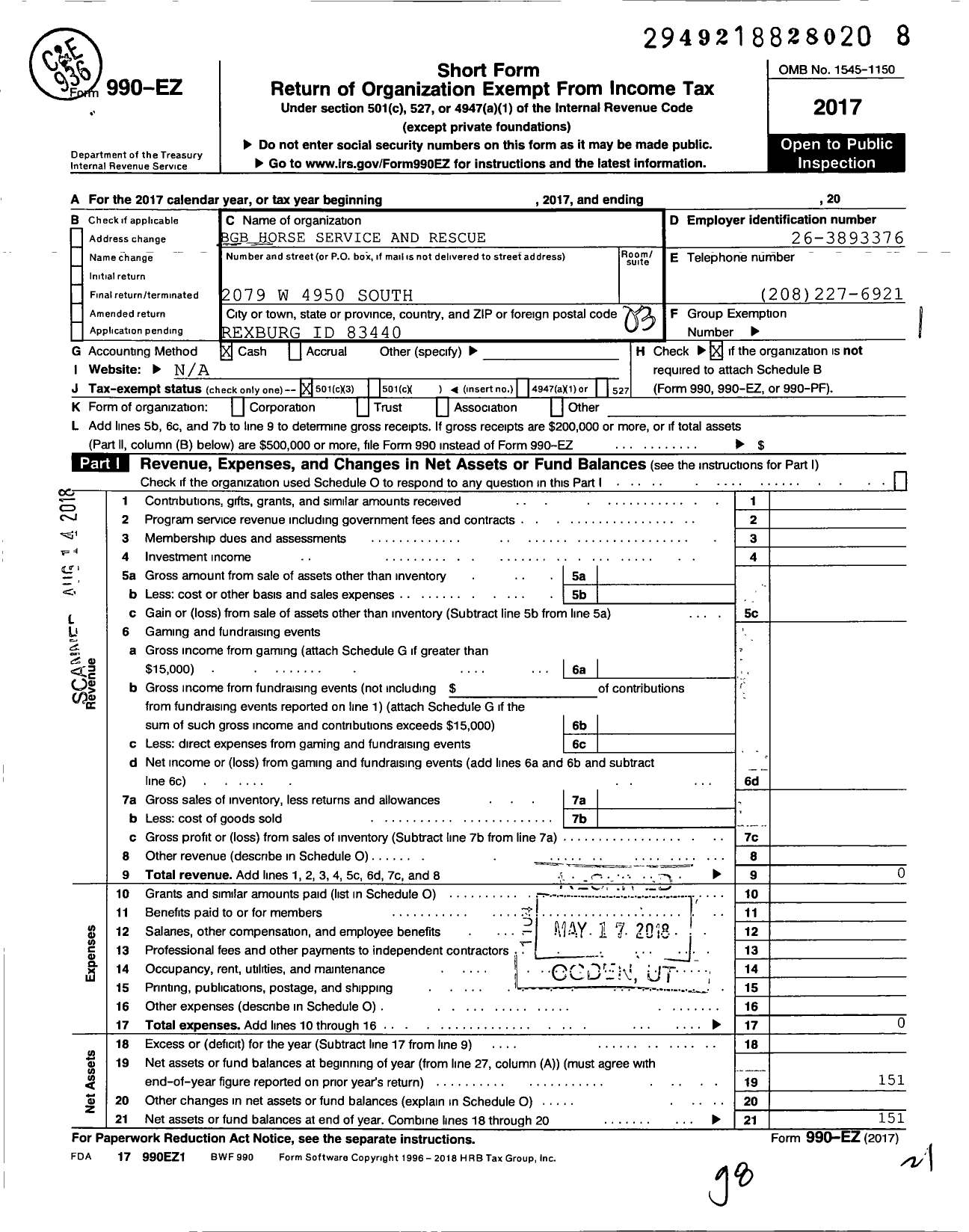 Image of first page of 2017 Form 990EZ for BGB Horse Service and Rescue