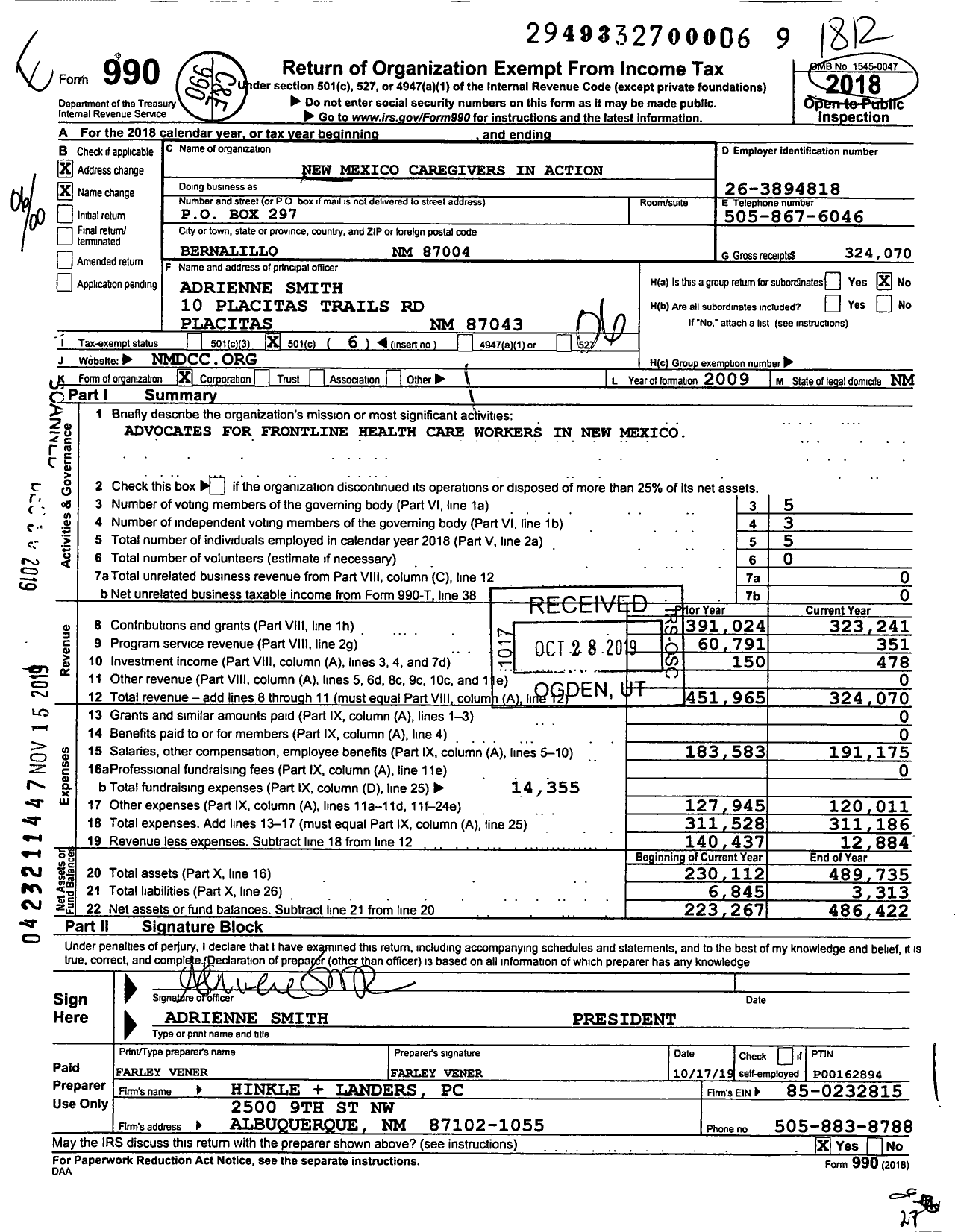 Image of first page of 2018 Form 990O for New Mexico Caregivers in Action