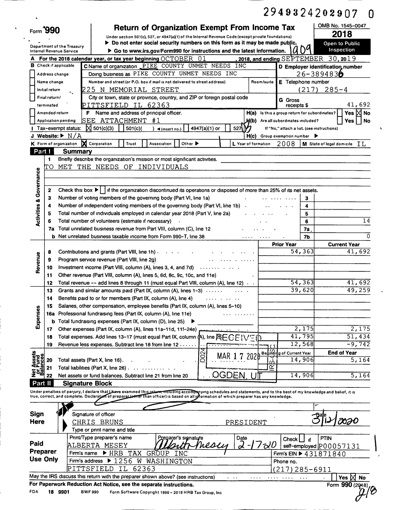 Image of first page of 2018 Form 990 for Pike County Unmet Needs