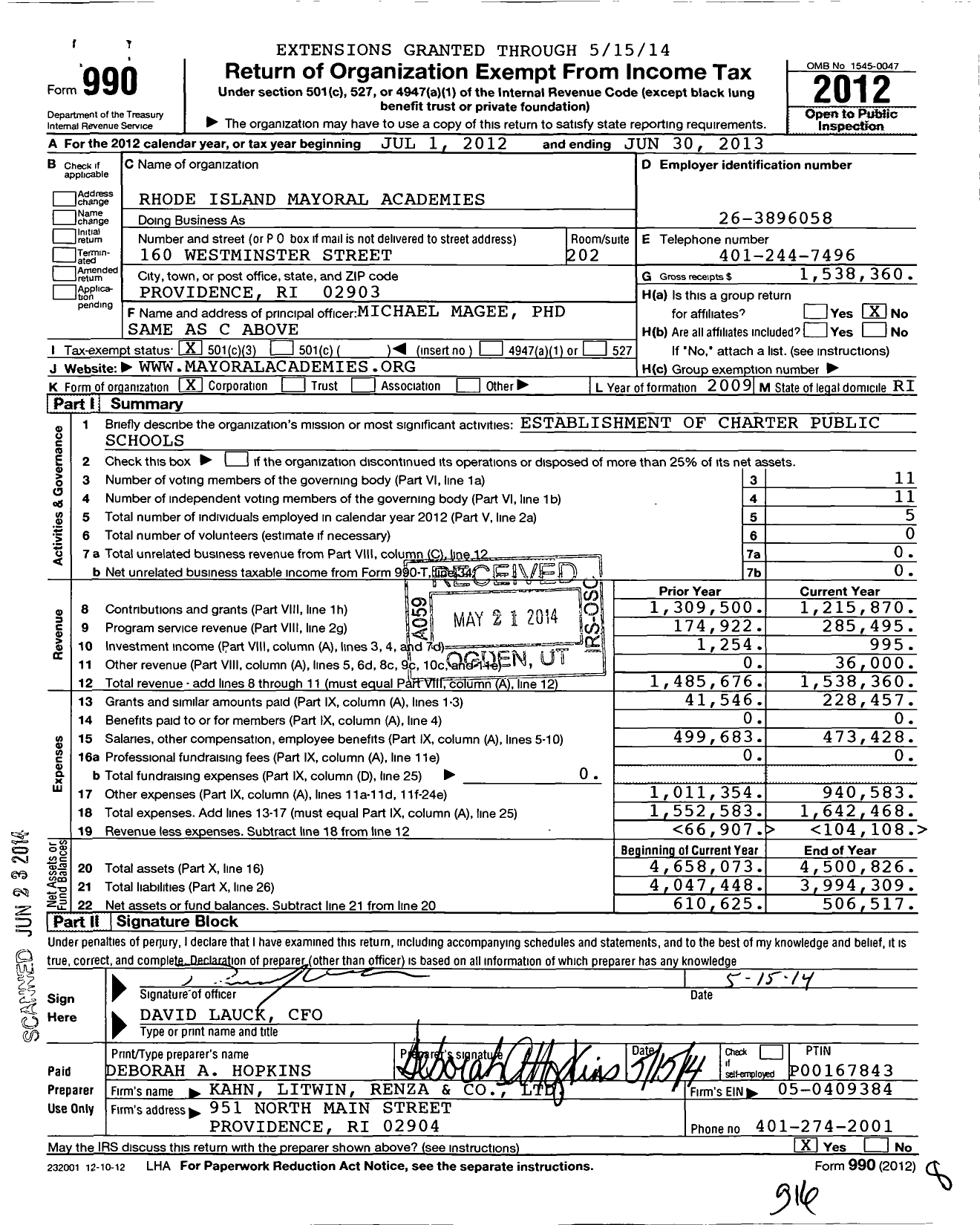 Image of first page of 2012 Form 990 for Rhode Island Mayoral Academies (RIMA)