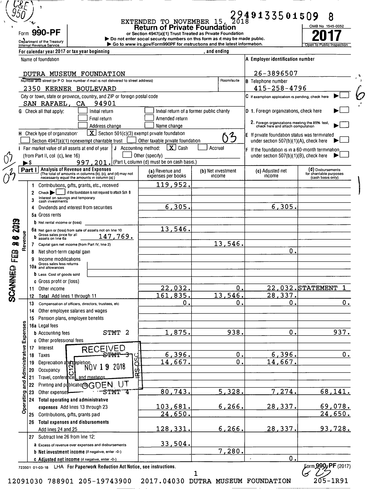 Image of first page of 2017 Form 990PF for Dutra Museum Foundation