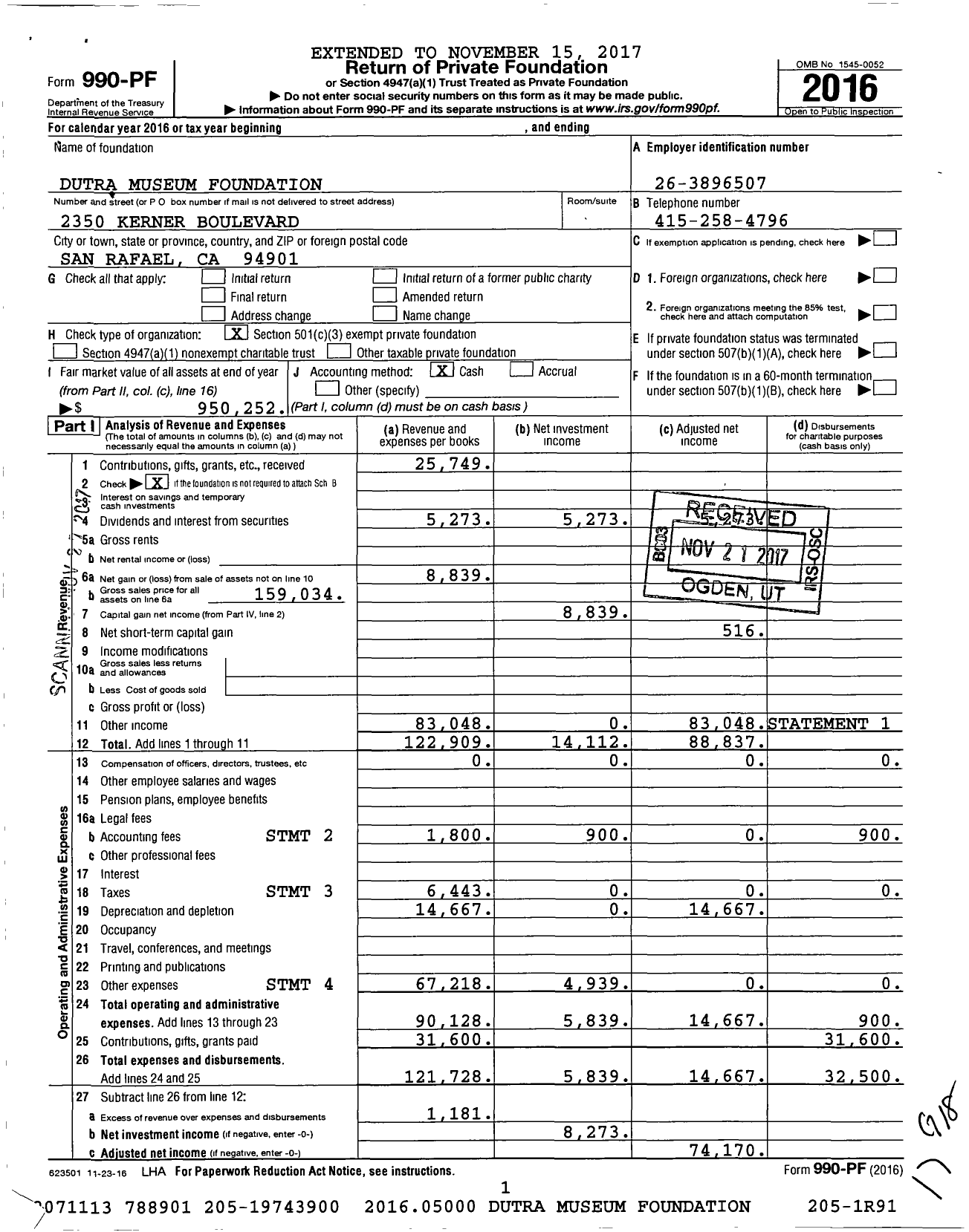 Image of first page of 2016 Form 990PF for Dutra Museum Foundation