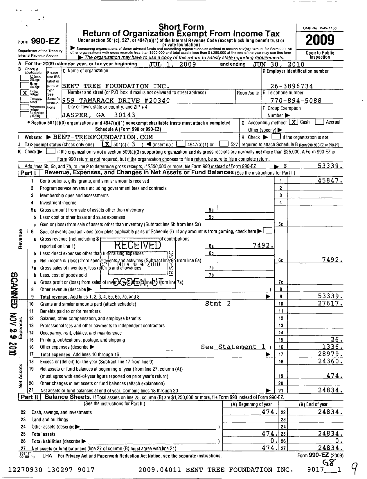 Image of first page of 2009 Form 990EZ for Bent Tree Foundation