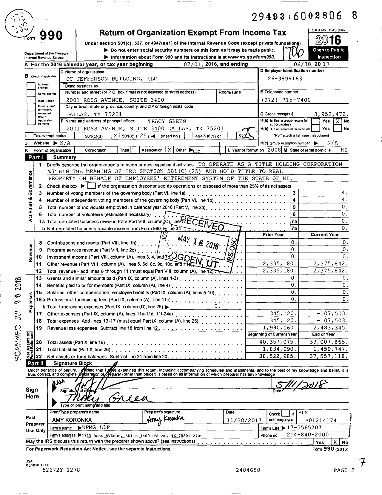 Image of first page of 2016 Form 990O for DC Jefferson Building LLC