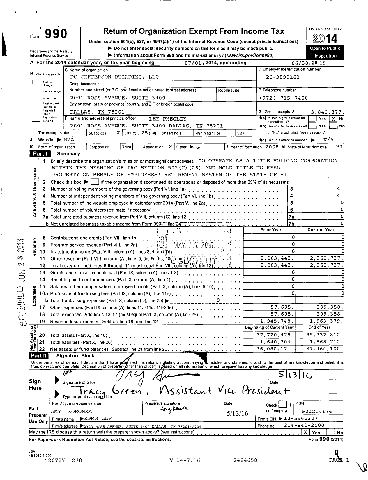 Image of first page of 2014 Form 990O for DC Jefferson Building LLC