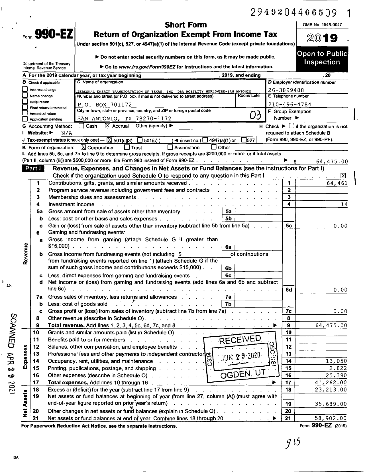 Image of first page of 2019 Form 990EZ for Personal Energy Transportation of Texas